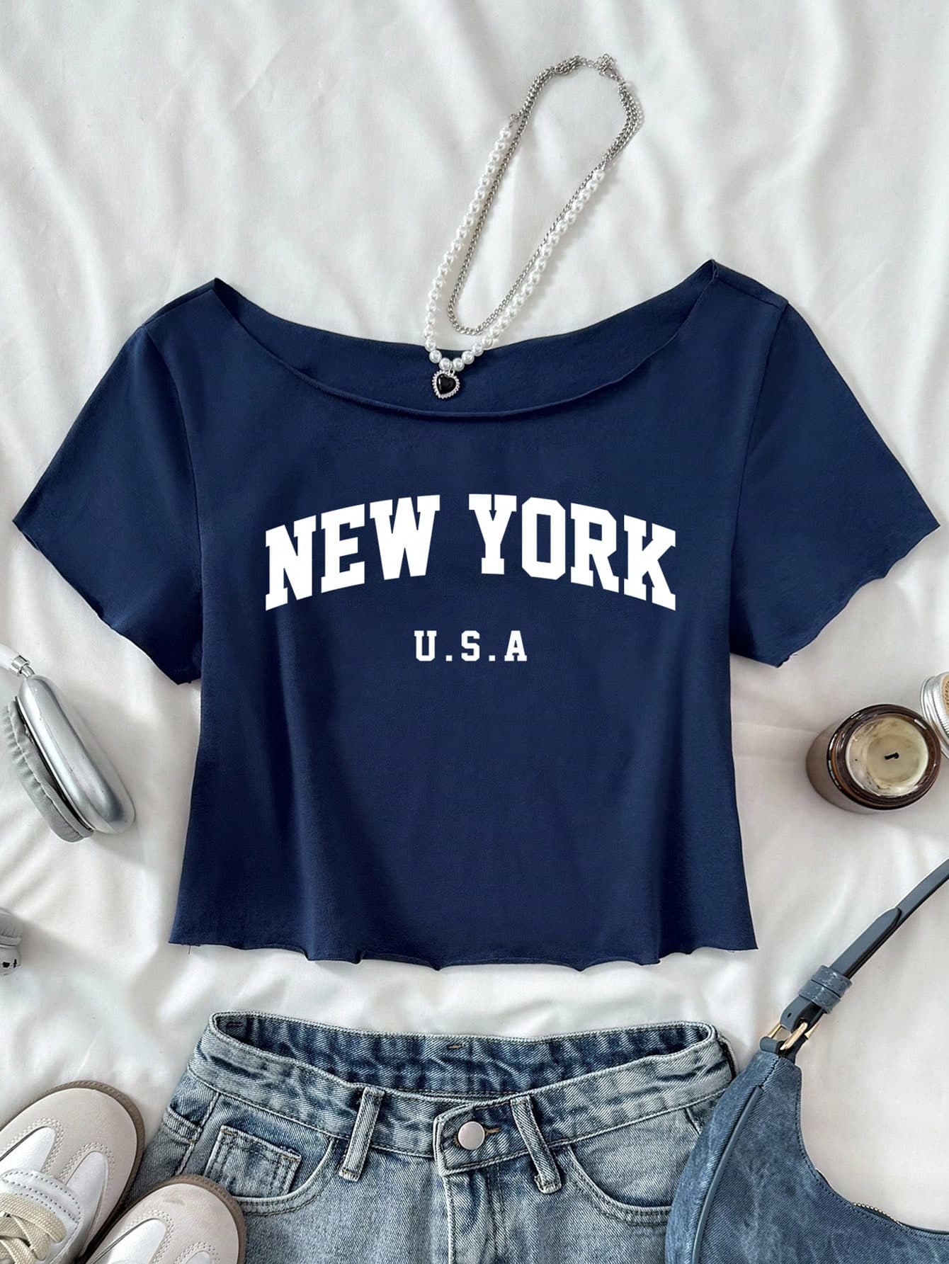 SHEIN Tween Girls Knit Asymmetrical Shoulder Loose Short Sleeve Letter Print Sporty Casual Cropped Top T-Shirt