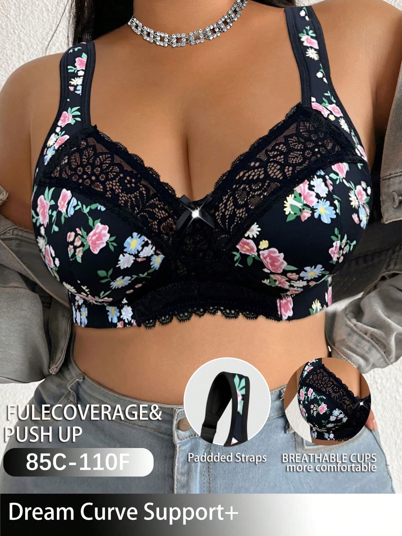 DesireSculpt 1pc Plus Size Lace Patchwork Wireless Bra