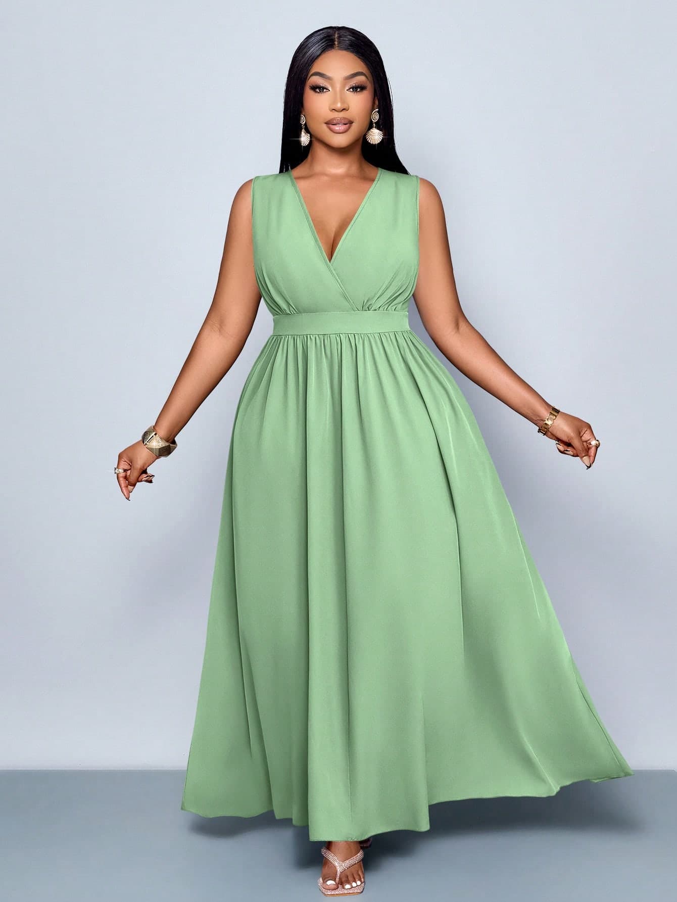 SOLERSUN Plus Size Sage Green Summer Elegant Tea Party Dress,Fashion Solid Cross Deep V Neck Casual Loose A-Line Long Skirt,Seaside Holiday Commuting Clothing