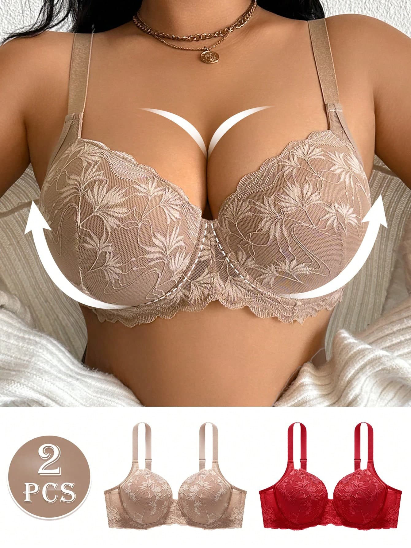 DesireSculpt 2pcs Women Plus Size Solid Full Coverage Elegant Sexy Floral Lace Scallop Trim Lingerie Underwire Bra For Large Breast Instantlift Bra