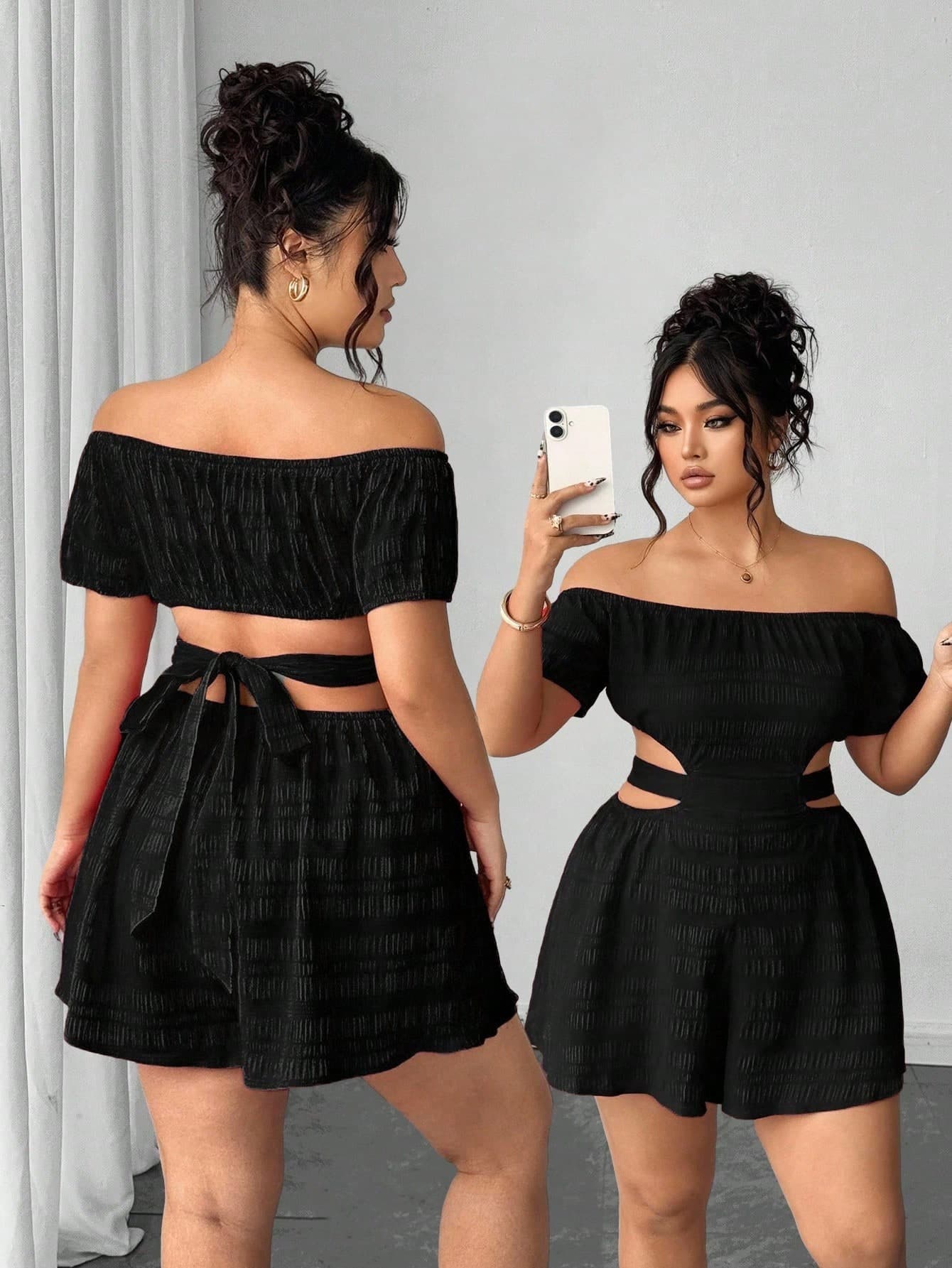 Elenzga Plus Size Women's French Textured One-Shoulder Jumpsuit, Curve Two Piece Outfits Club Vacation Night Black Summer Girlism Clothing 1 Piece Skirt Set