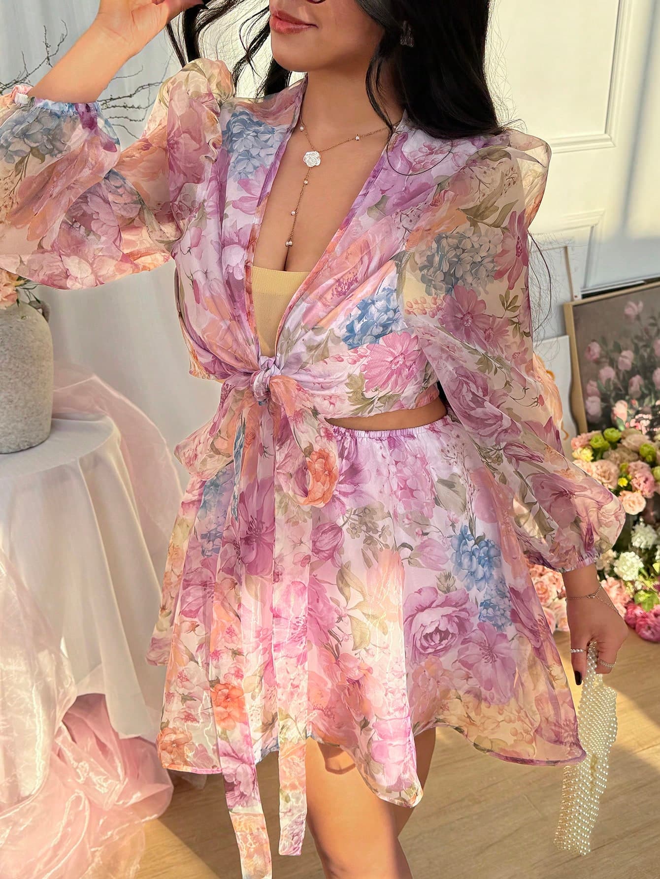 CovetEZ Plus Size Floral Organza Tie-Up Waist A-Line Jumpsuit, Versatile For Spring/Summer Floral Two Piece Set