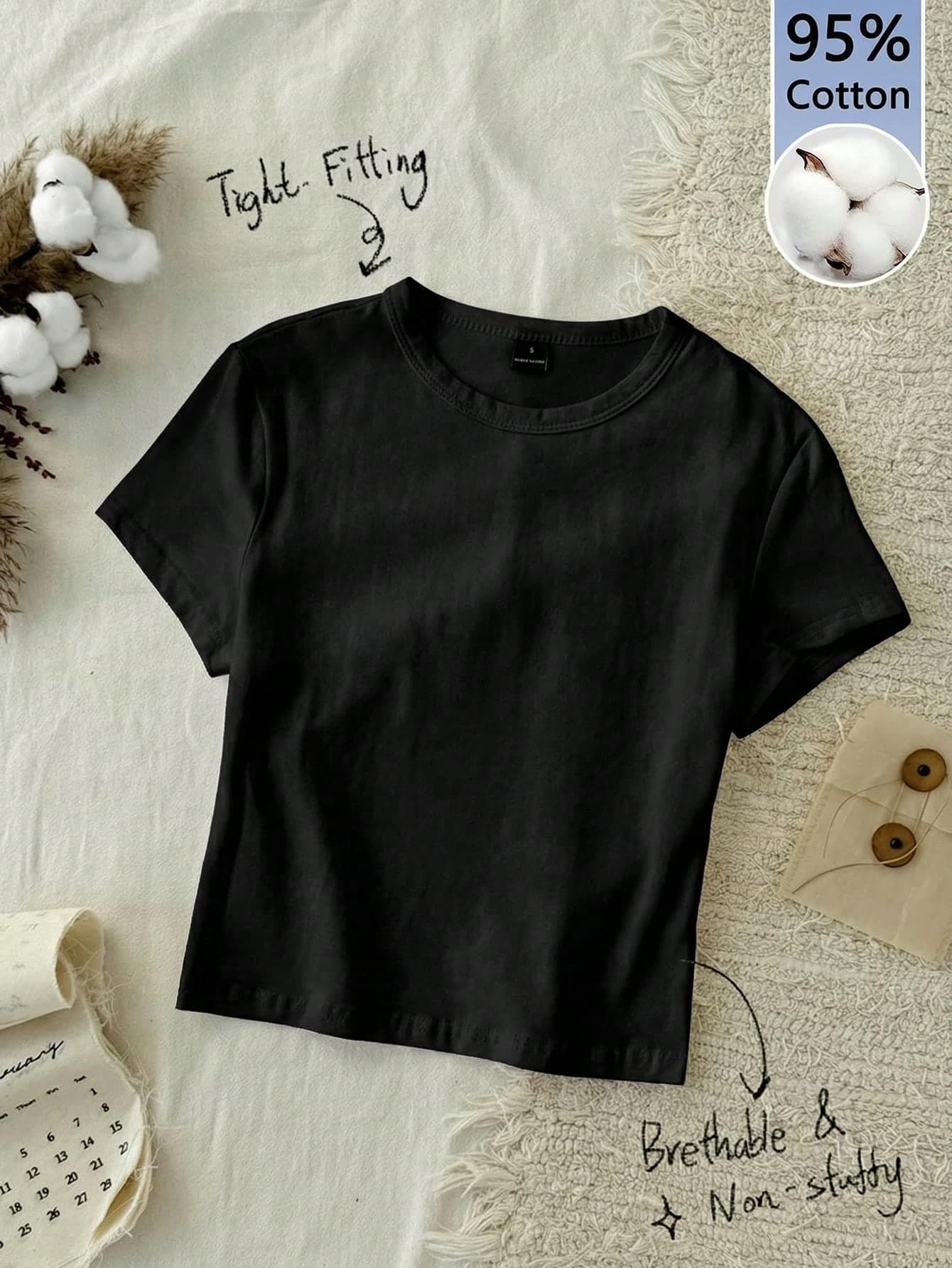Tseoso 1pc Solid Black 95% Cotton Form Fitted T-Shirt