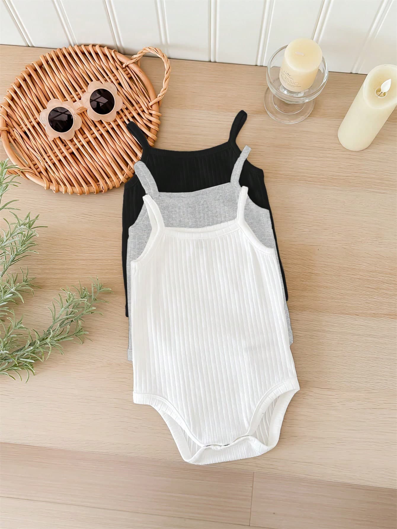 SHEIN LMoss Kids LMoss 3pcs/Set Newborn Baby Girl Cute White Knit Strap Romper Set For Summer Baby Summer Romper Toddler Romper Girl Breathable Cami Baby Clothing