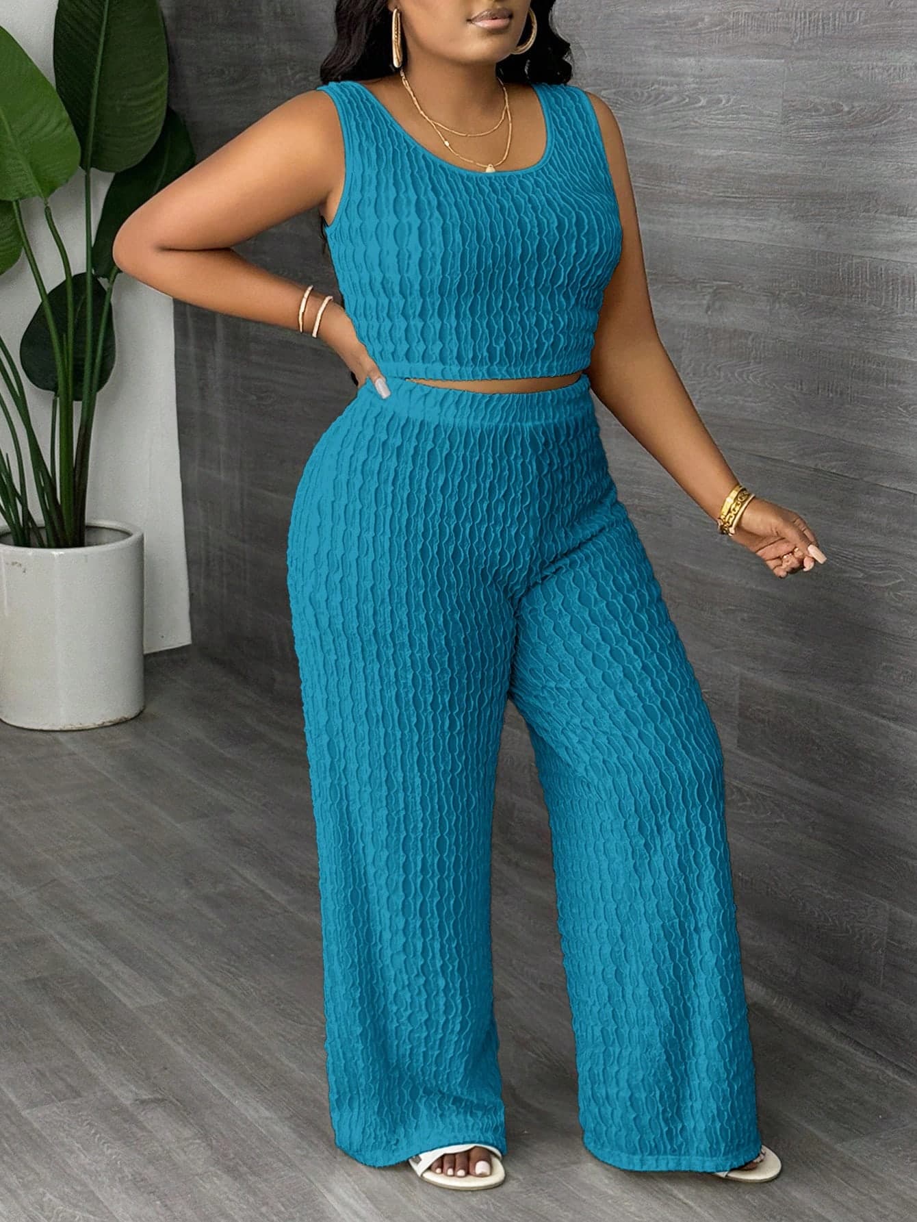 Slaydiva Plus Size Light Teal Summer Smart Casual Vacation Outfit,Solid Vest And Wide Leg Pants 2 Pieces Set,Fitted Casual Y2k Jumpsuit Style Yoga Outfits