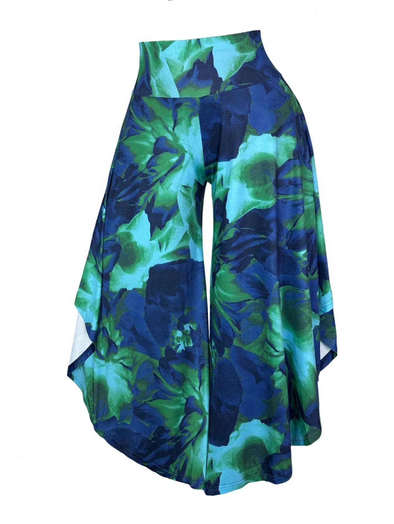 Rometta Plus Size Floral Print Asymmetric Hem Casual Wide Leg Pants Fall