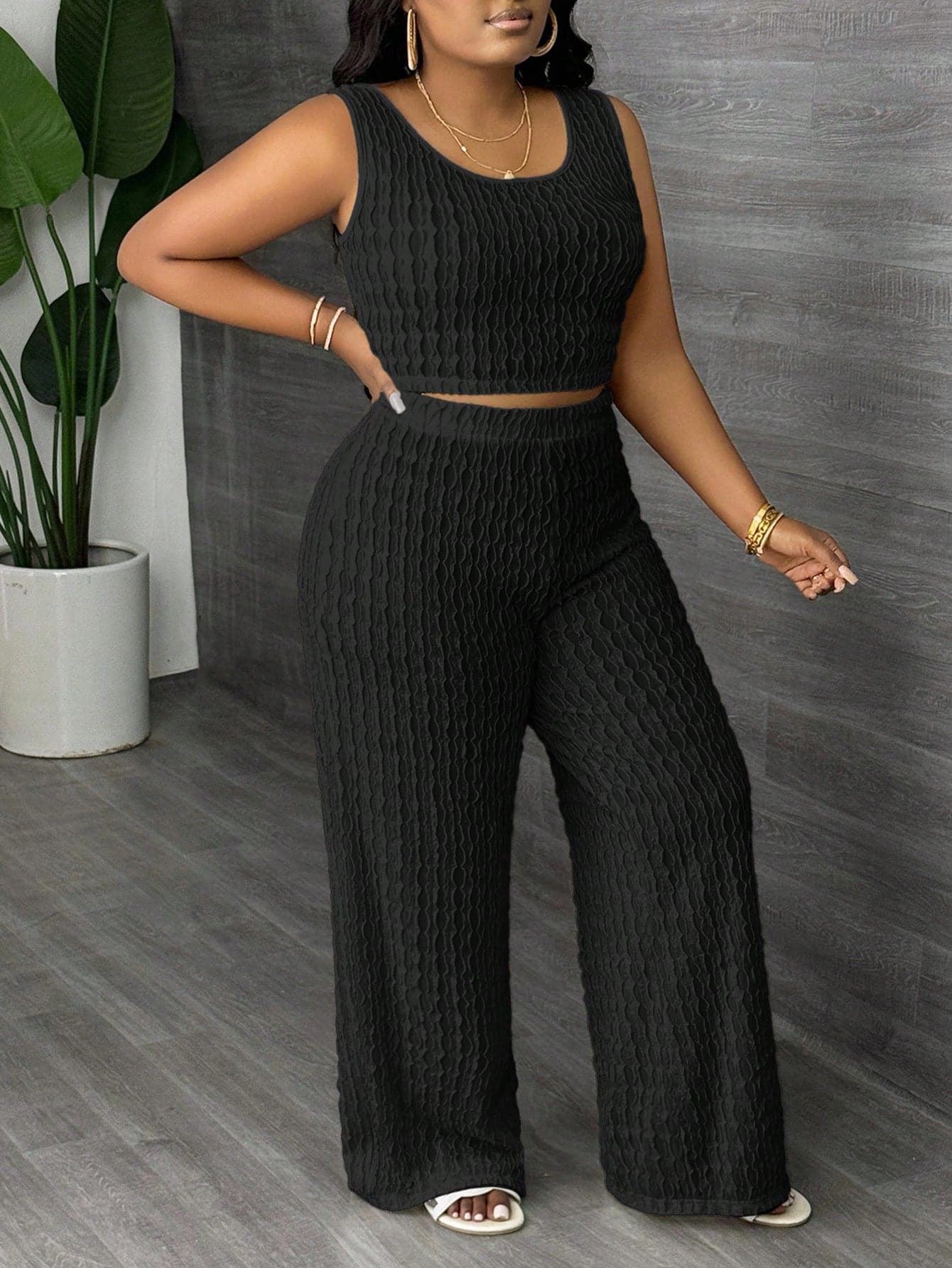 Slaydiva Plus Size Curve Black Autumn 2 Pieces Set Women Smart Casual Loungewear Fitted Wool Vest And Wide Leg Pants,Summer Yacht Work From Home Y2k Jumpsuit