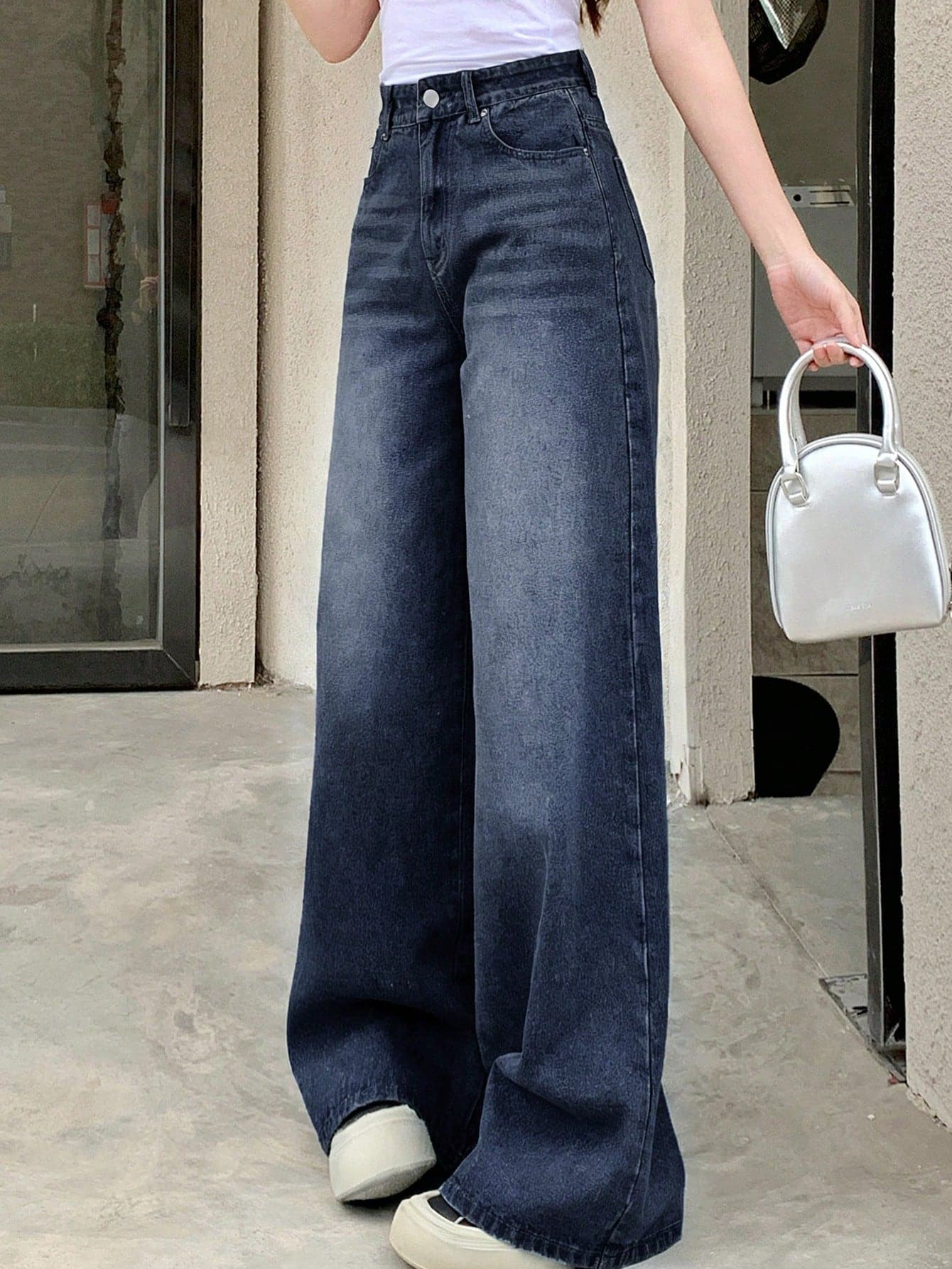 DAZY Women's Casual Everyday Commute Fashion Distressed Wide Leg Loose Fit Blue Jeans