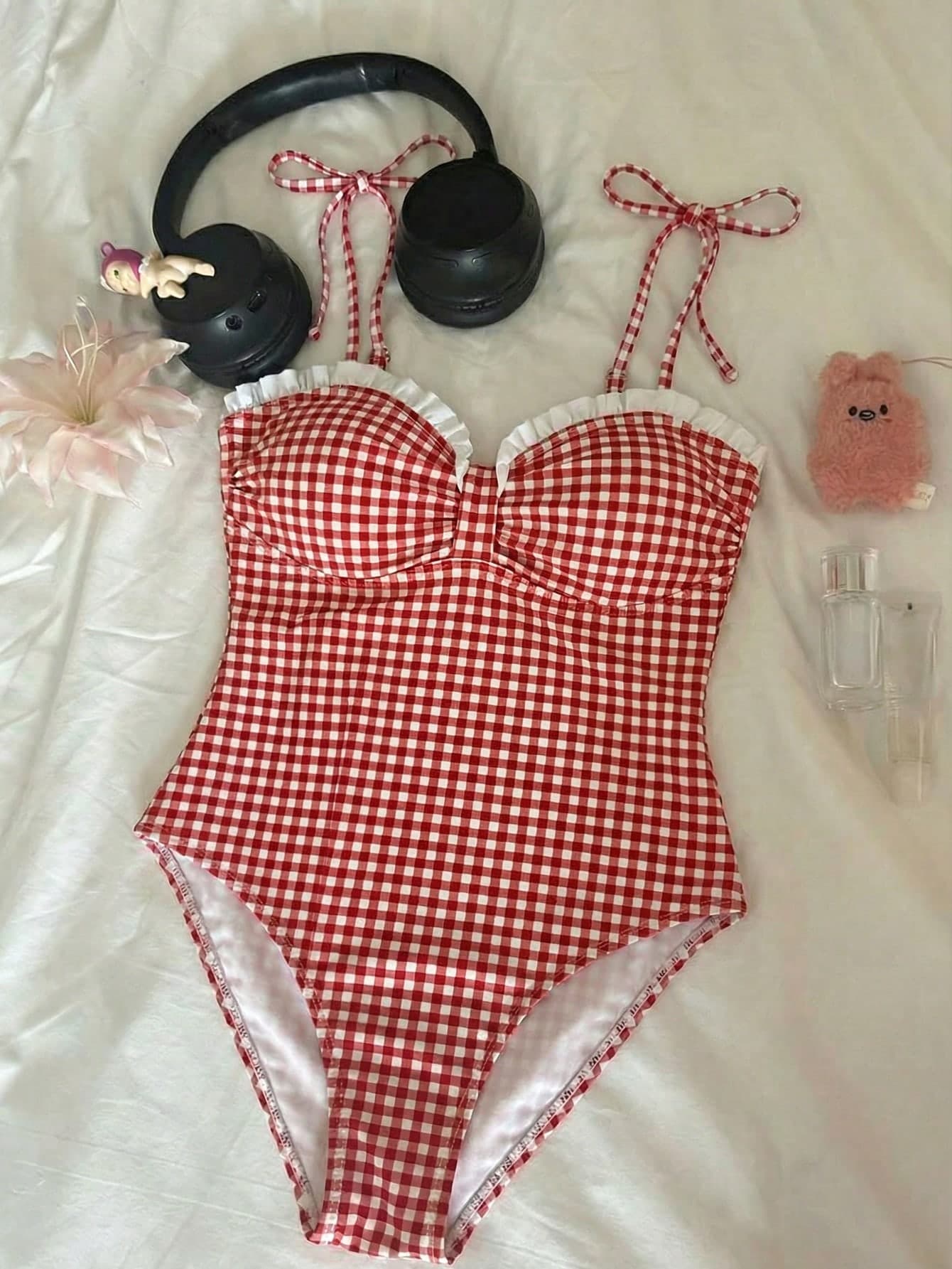 SHEIN MOD Women's Ruffled Plaid One-Piece Swimsuit, Vacation, Swim Suits For Women, Beach Set, Valentine's Day ,Holiday Outfits, Vacation Outfits Women