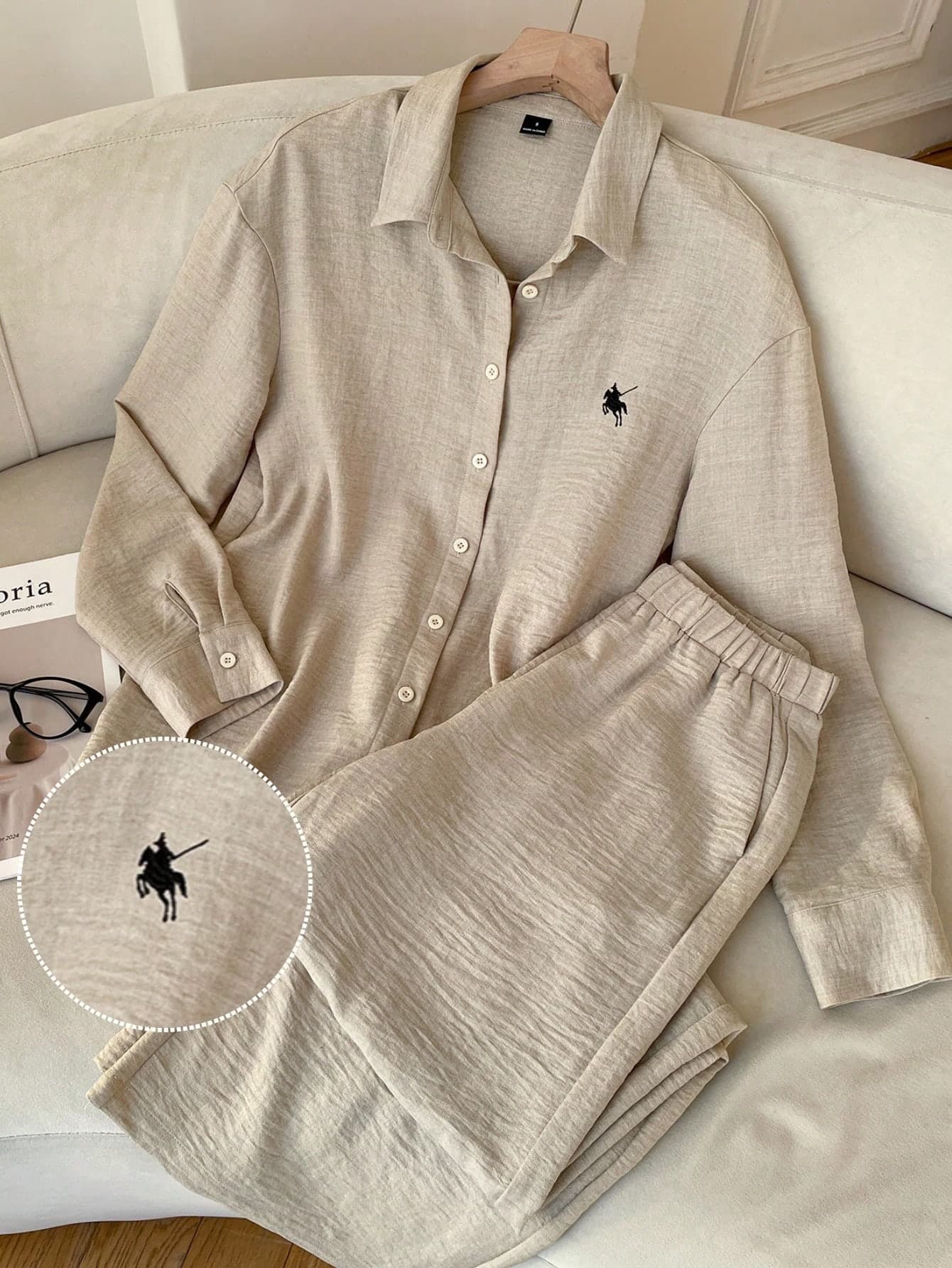 SHEIN EZwear Women's Apricot Woven Embroidered Knight Long Sleeve Shirt And Pants Casual Suit