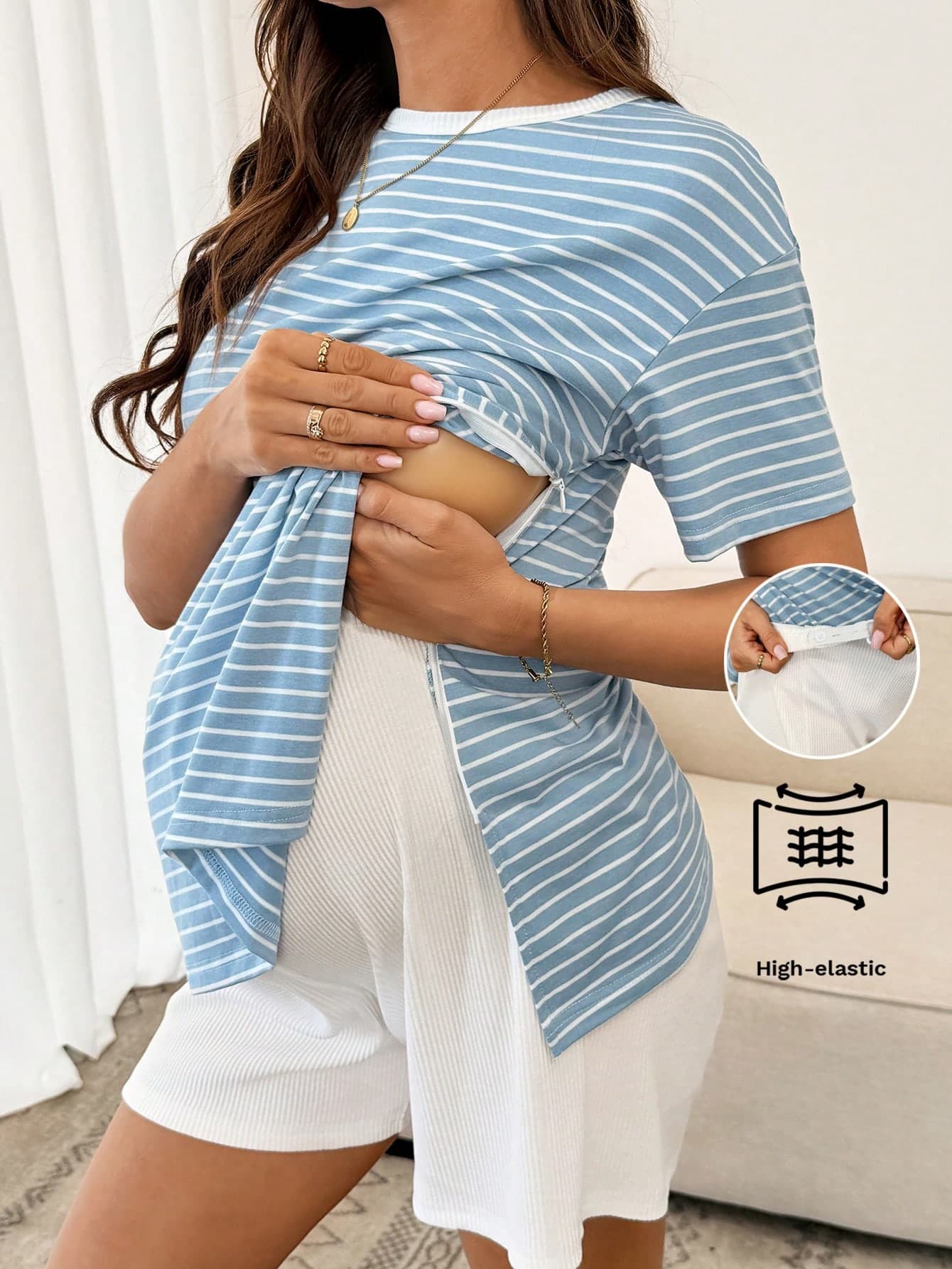Slowluna 2pcs Maternity Striped Print Round Neck Short Sleeve Top And Shorts Set,Dusty Blue Summer Smart Casual Everyday Breastfeeding Shirt Pregnancy Outfit