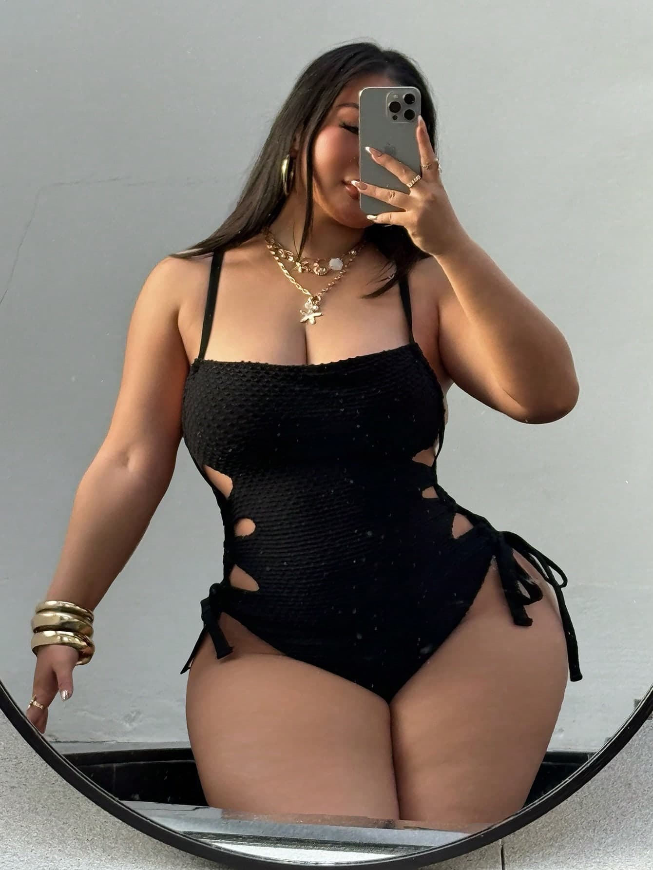 Swim SXY Plus Size One-Piece Swimsuit, Hollow Out Drawstring Side Strap Sexy Camisole, Summer Beach