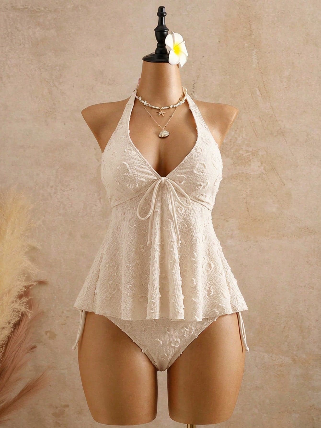 Bellisia Women's White Polka Dot Textured Fabric Camisole Bikini Top Vintage Seashell Lace Bridal Cream Bathing Suit,Summer Casual Holiday Pool Party Vacation