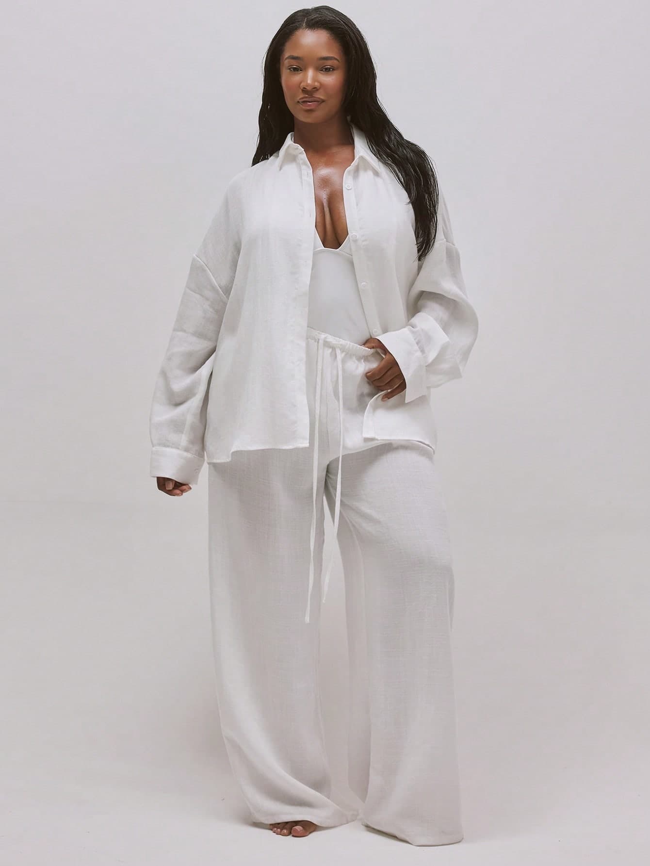 MUSERA Plus Size Linen Tie Front Straight Leg Trousers Swim Vacation Holiday Summer Beachwear Basics Resort Core Elegant Bridal Hen Do Bachelorette Wedding