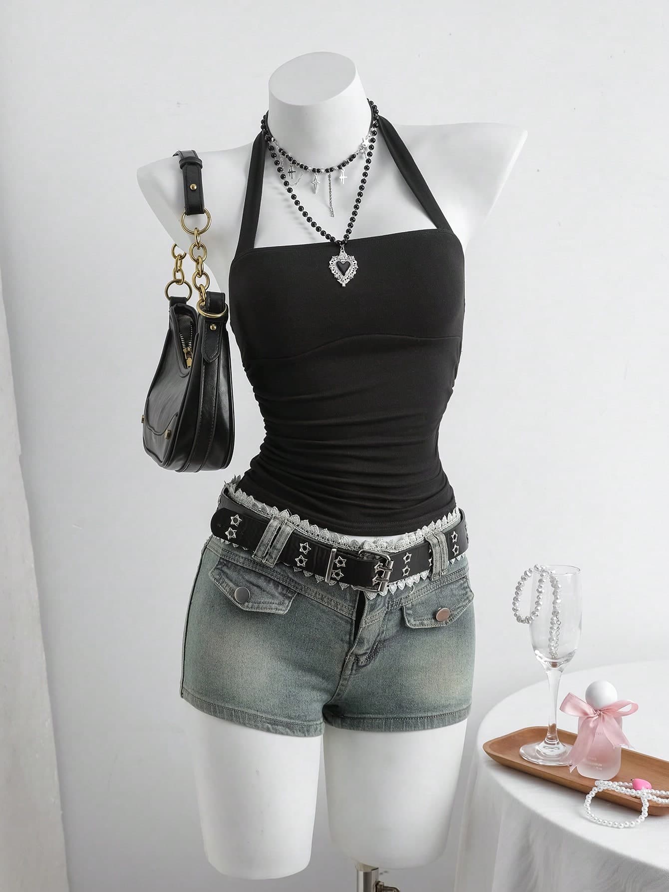 SHEIN Girlism Teen Girl Casual Daily Fashion Black Knit Halter Neck Tank Top,Kids