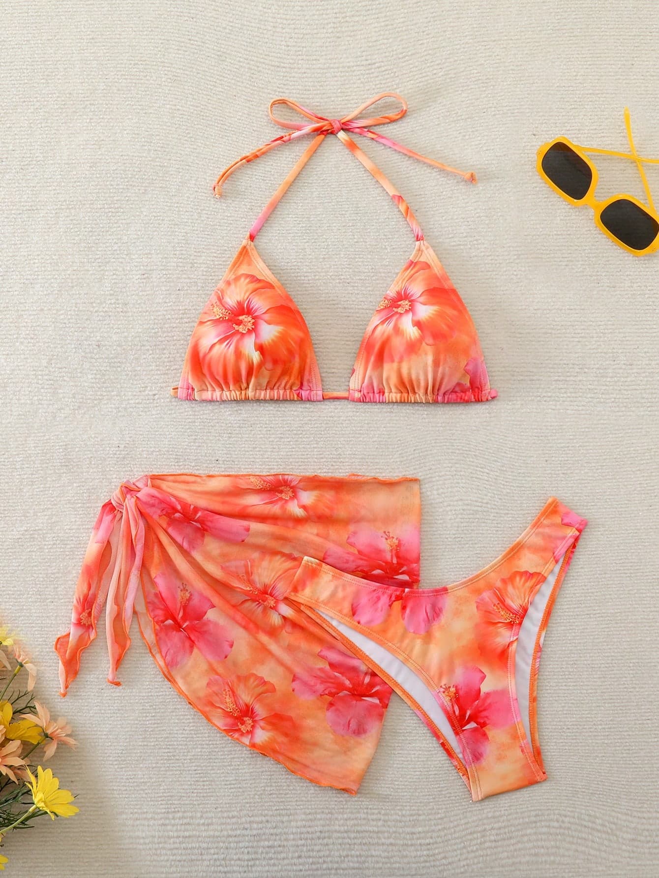 Swim Mod Women's Summer Beach Floral Print Halter Tie Sexy Bikini Set With Matching Mini Skirt Beach Skirt Set