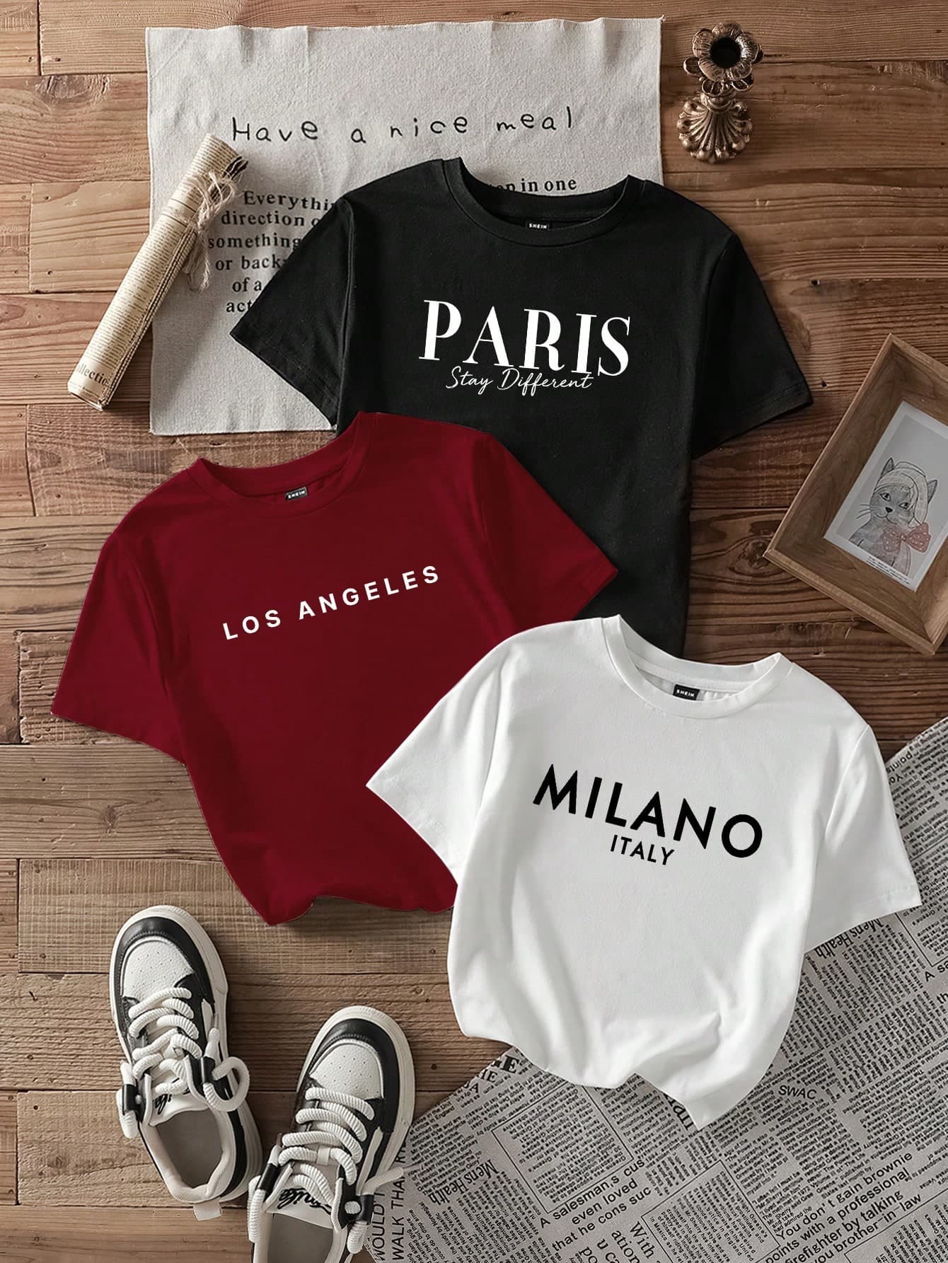 SHEIN EZwear Casual Multicolor Letter Print Short Sleeve Crop Top For Women Round Neck Knitted Fabric T Shirt T-Shirts Graphic Crew