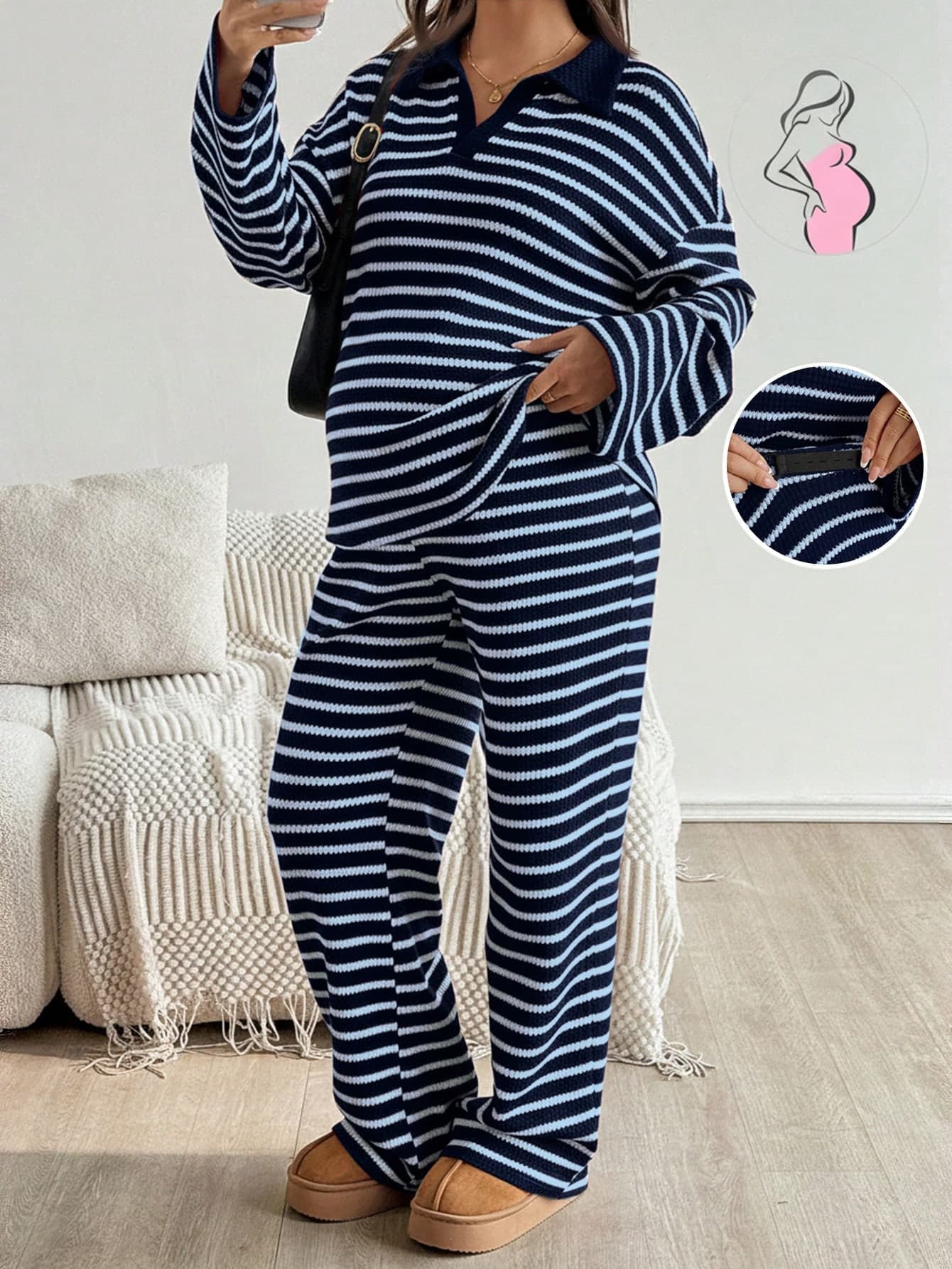 SHEIN 2pcs Maternity Casual Navy Stripe Outfit,Winter Everyday Commuting Set-Contrast Print Loose Dropped Shoulder T-Shirt & Adjustable Waist Straight Pants