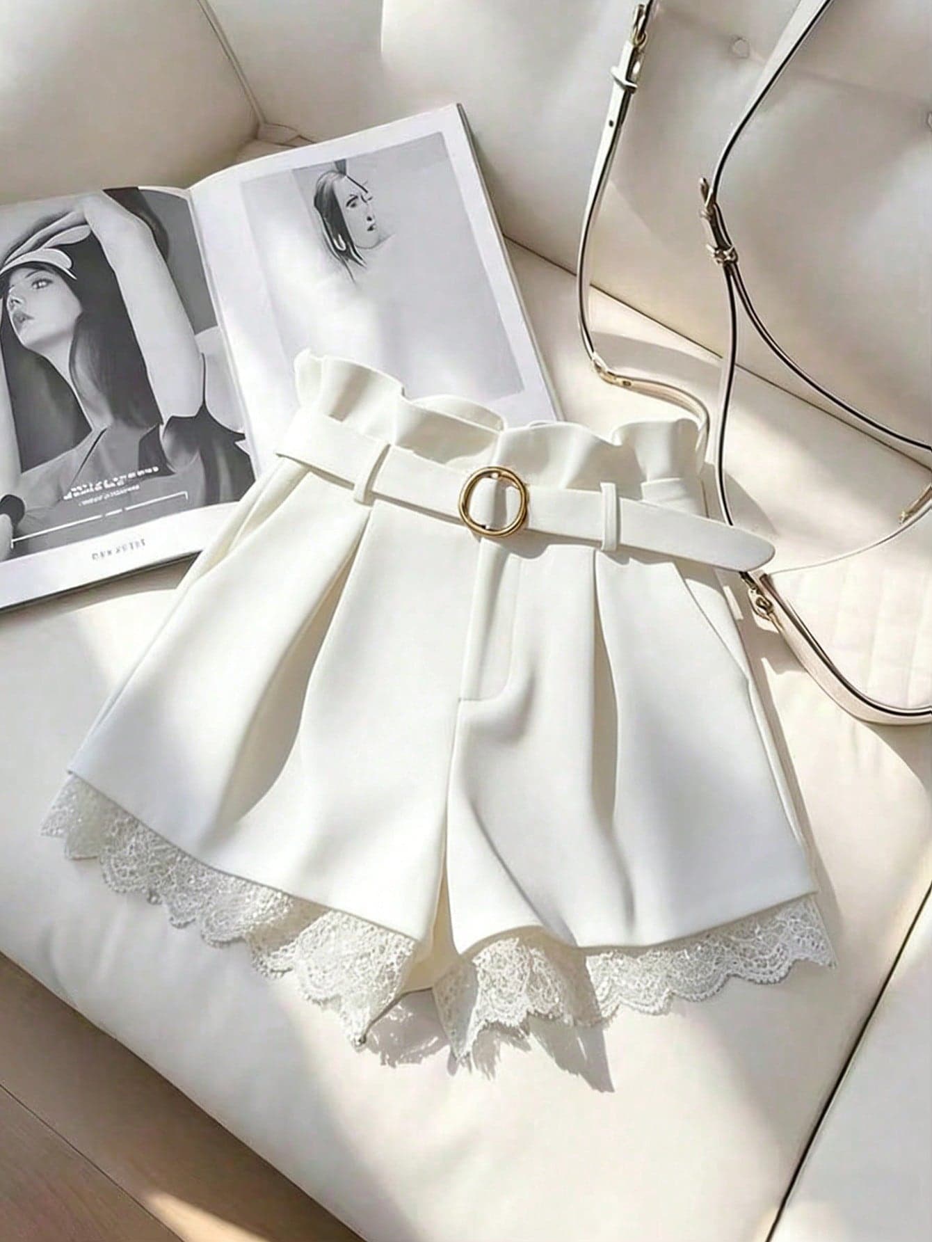 GlowEve Women's Casual Everyday Office Commute Solid Color Paper Bag Waist Pleated Belt Loose Shorts, Summer