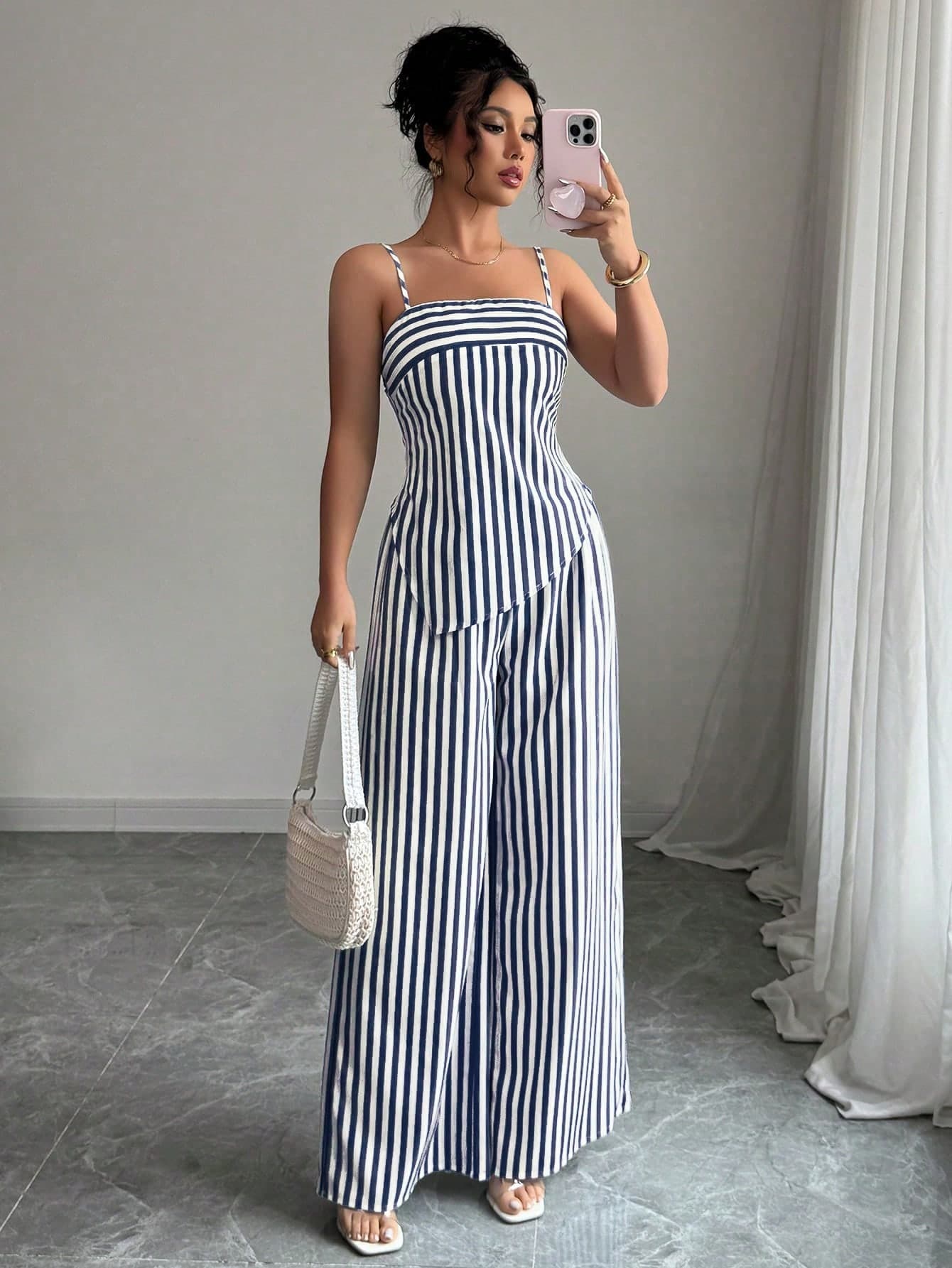 Elenzga Women's Casual Striped Asymmetric Hem Camisole And Pants 2 Pieces Set, Summer