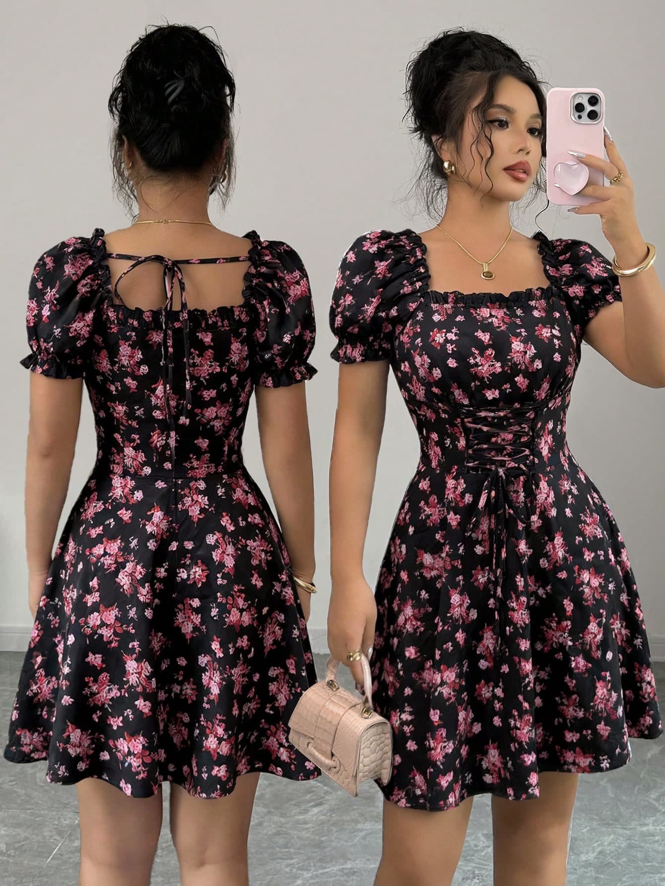 Rafferiza Women Ditsy Floral Square Neck Puff Sleeve Mini Dress,Pink And Black Summer Modest Boho Style Drawstring Tie Waist Chic Shirred Flared Hem For Dates