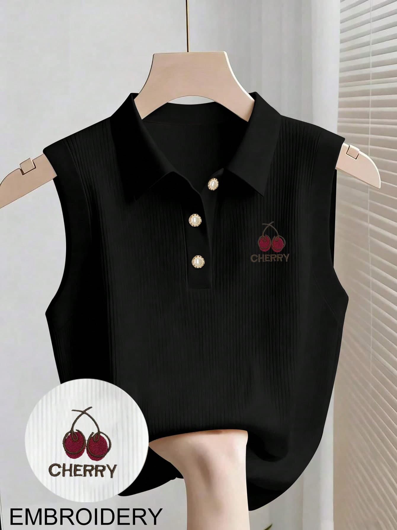 Resyla Women's Casual Collared Button Half Placket Cherry Embroidery Pattern Versatile Daily Wear Top