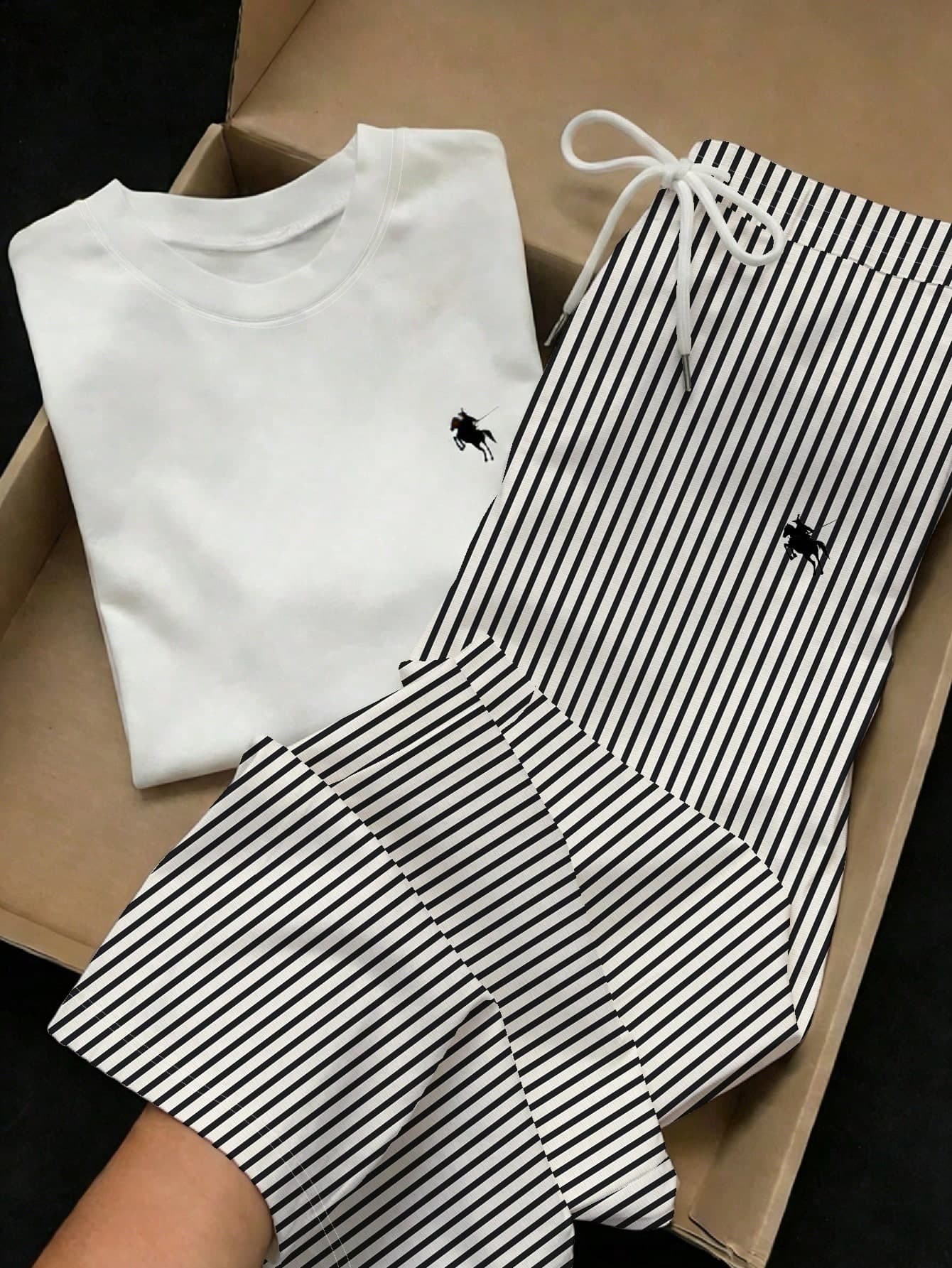 Comfortcana 2pcs/Set Casual Pony Logo Printed Round Neck Short Sleeve Top And Striped Print Pants Striped Outfits White T-Shirt Striped Pants