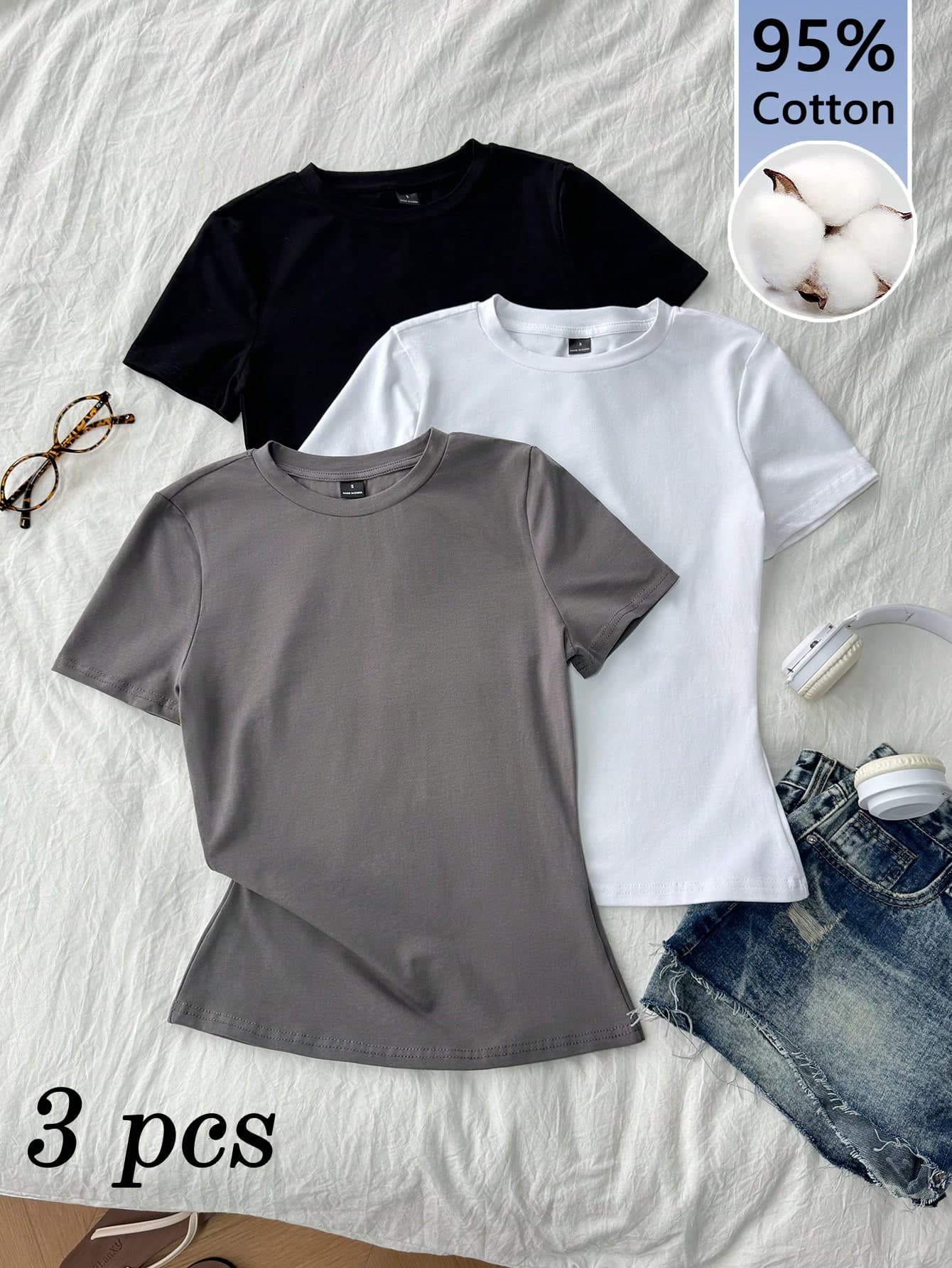 Tseoso 3pcs/Set 95% Cotton Slim-Fit Women's Crew Neck Short Sleeve T-Shirt,Black,White,Grey,Summer Casual Everyday Vintage Cute Summer Tops,Versatile Clothes