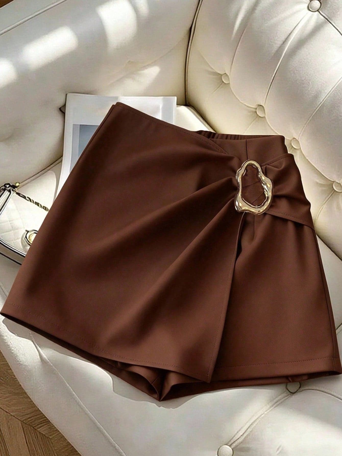 Franclia Women's High-Waisted Knot Metal Buckle Asymmetric Skort, All Shades Of Brown, Summer, Elegant, Office Casual Back-To-School Anti-Exposure Bottoms