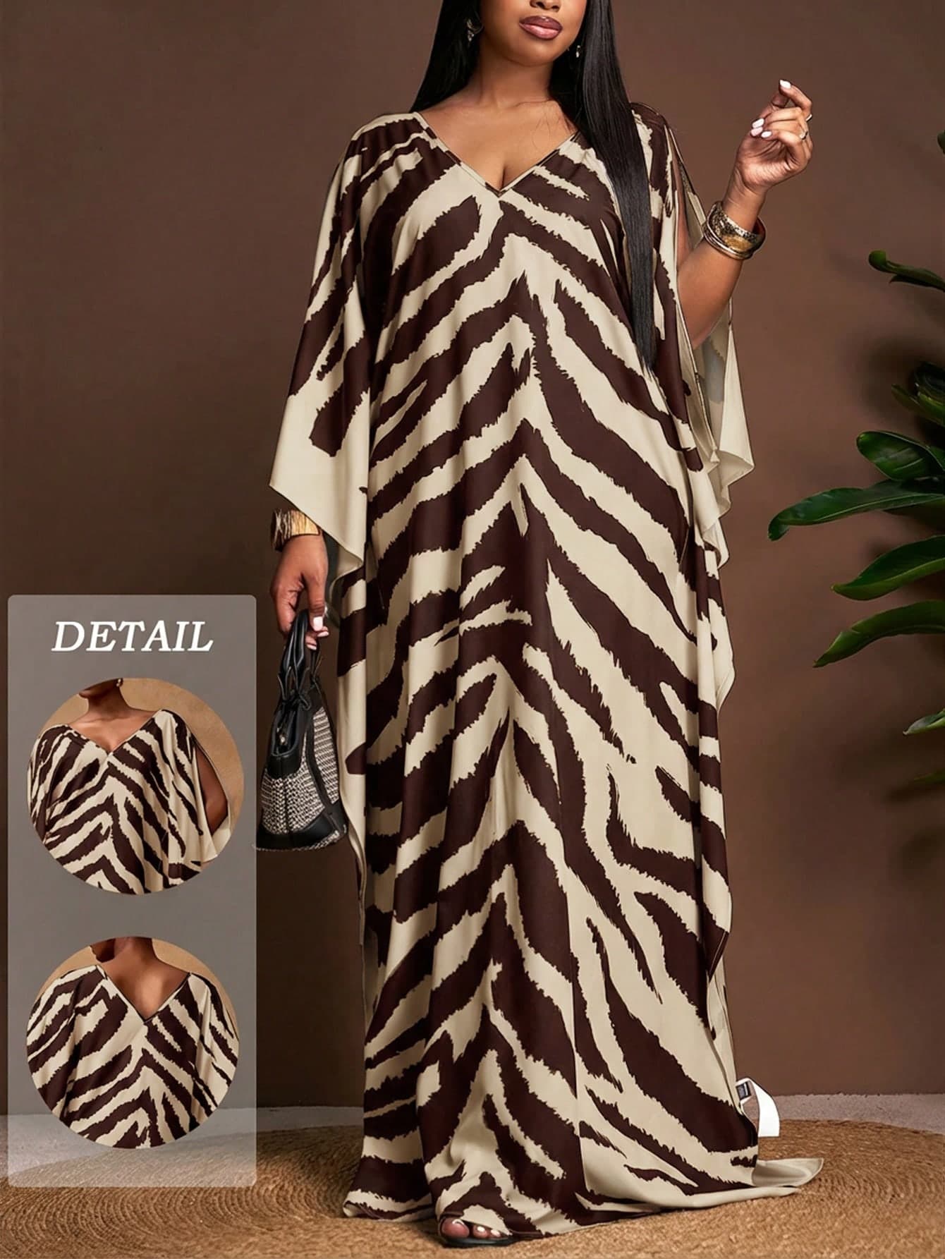 Veslaya Women's Plus Size Beige Zebra Print Maxi Dress,V-Neck Batwing Sleeve Kaftan,Elegant Boho Vacation,Wedding Guest,Holiday,Autumn Wrap Around Dresses