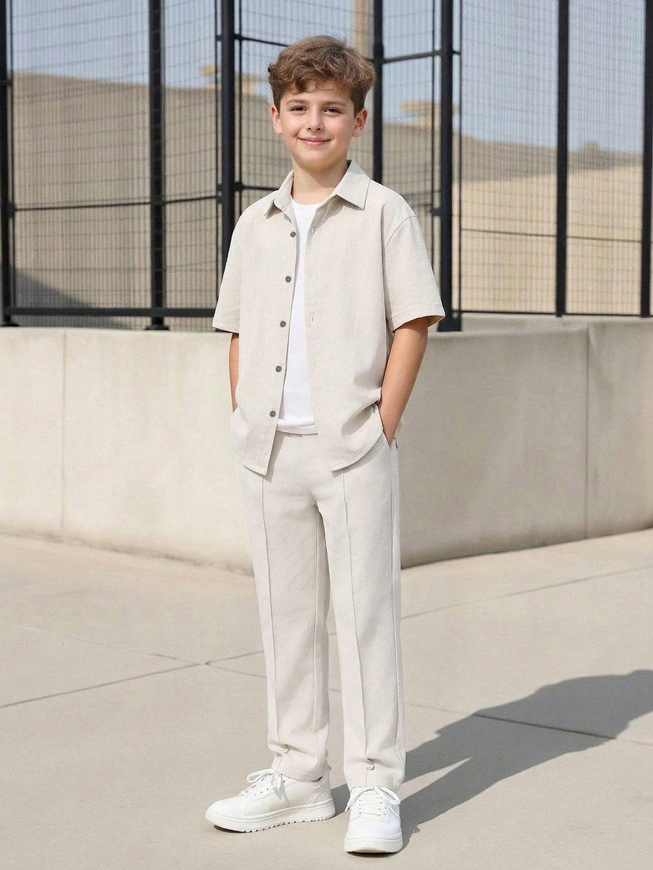 Vacaura 2pcs/Set Teenage Boys' Summer Casual Short Sleeve Polo Shirt And Straight Leg Pants Outfit