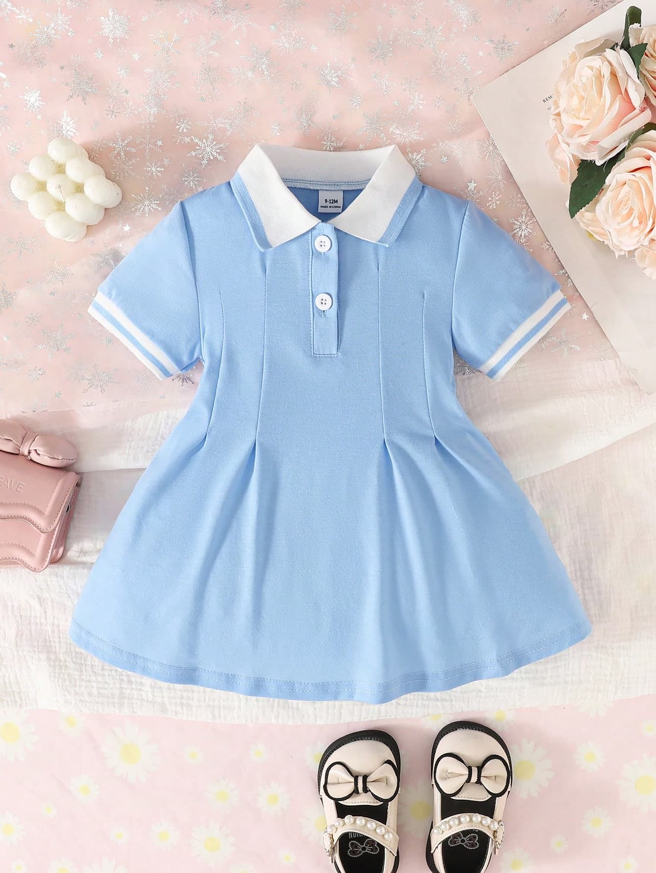Souflis Souflis 1pc Baby Girl Pink Casual Dress, Ribbed Collar & Cuffs, Suitable For Lounging, Outings, Sports, And Parties