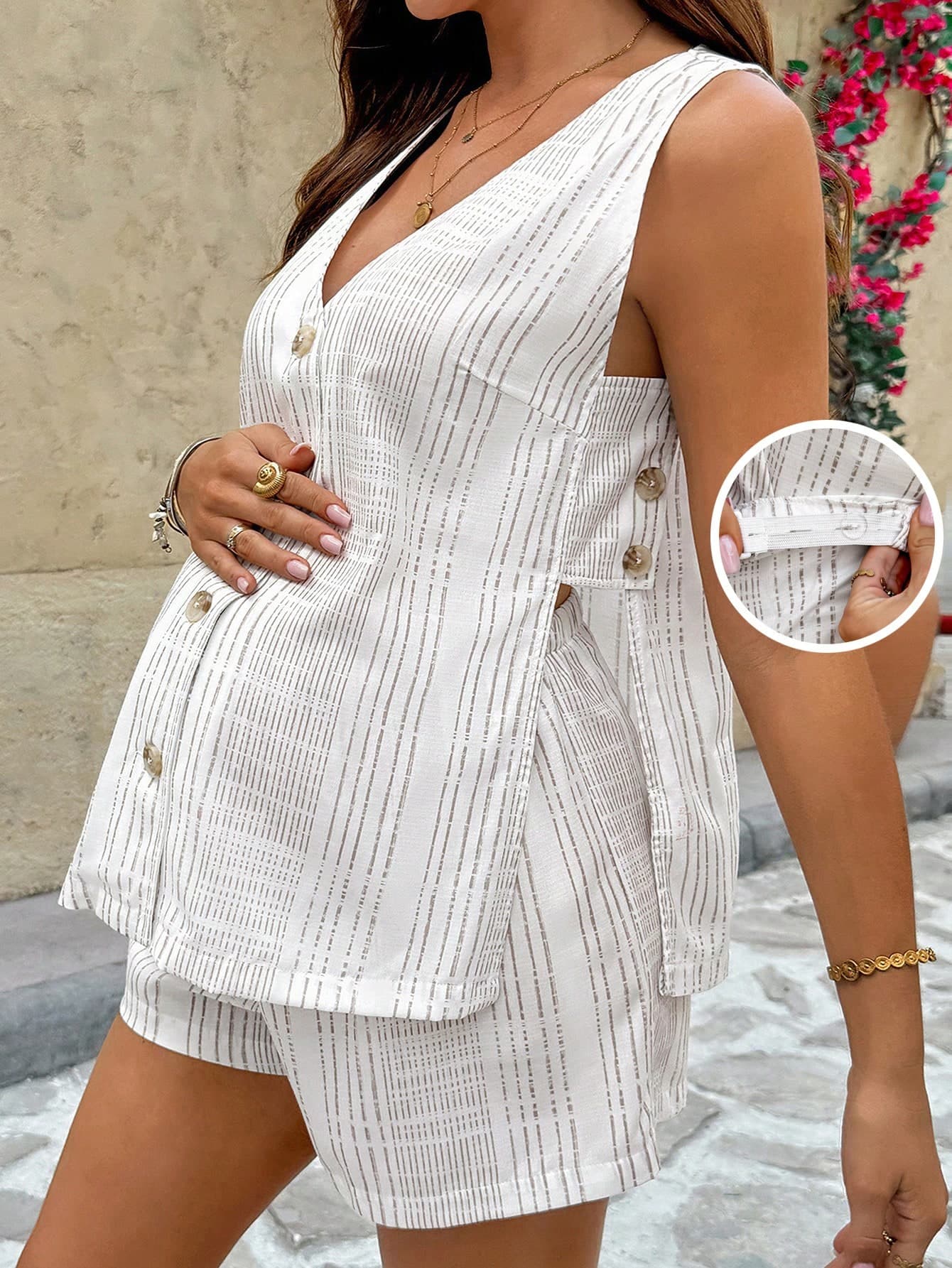 SHEIN Two-Piece Maternity V-Neck Button-Down Camisole And Shorts Casual Set, Women's Summer White Vacation Linen Set.
