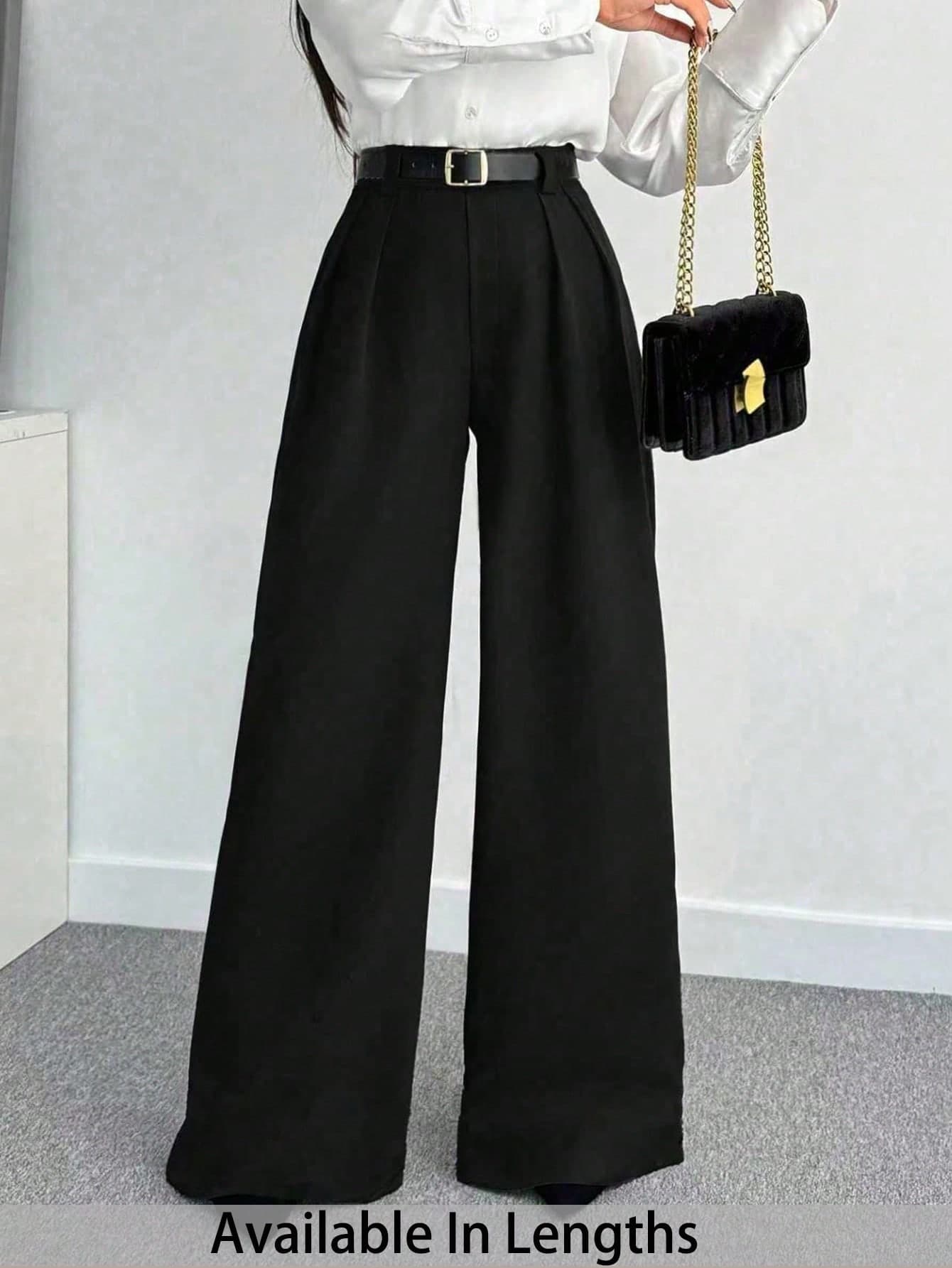 SHEIN Tall CURVE Plus Size Women's Solid Color Pleated Casual Versatile Wide Leg Pants For Daily Wear High Waist Black Commute,,Workplace, Office,Black Fall