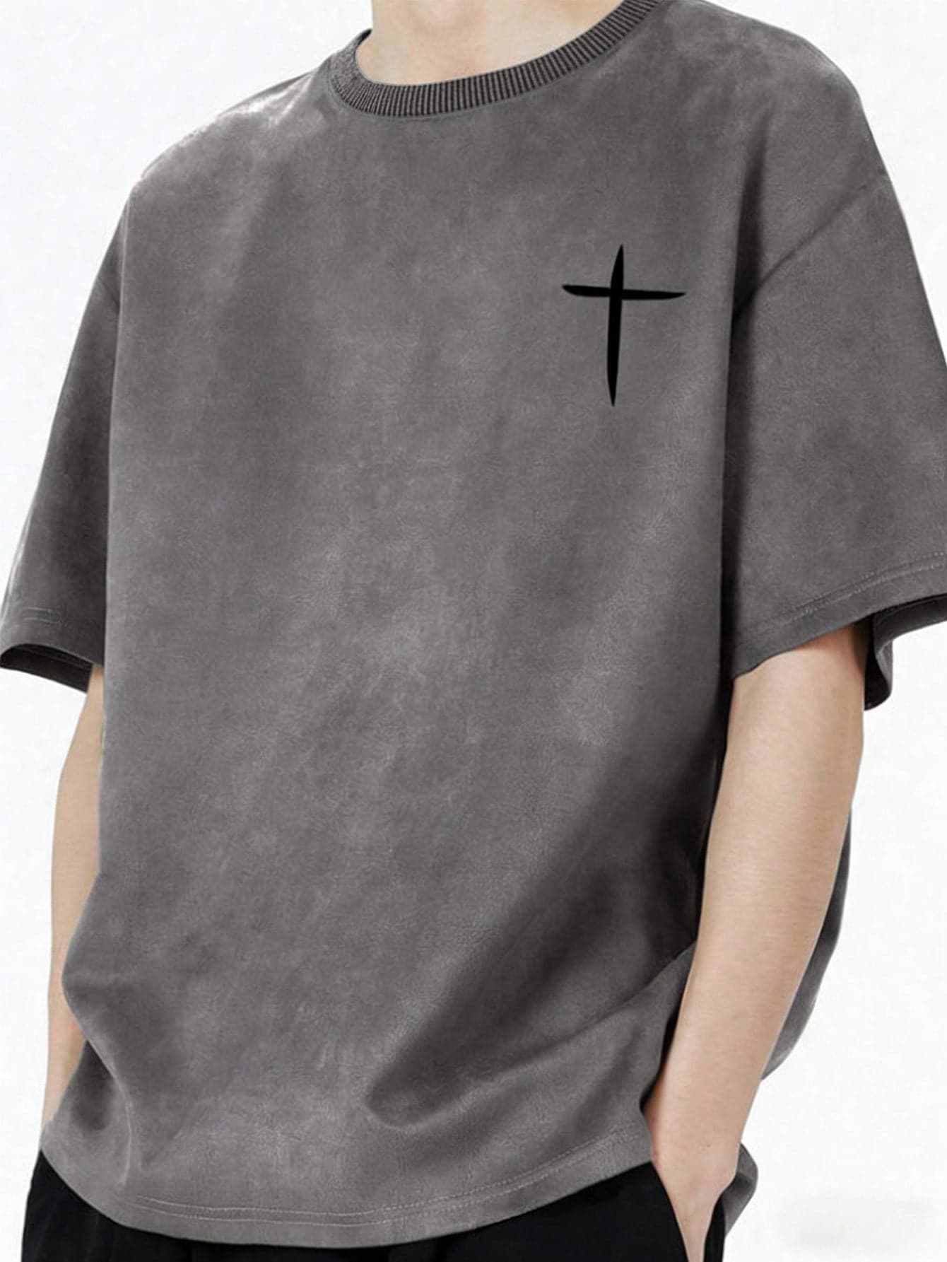 Mirajuku 1pc Teenage Boys Suede-Like Fabric Crew Neck T-Shirt,Korean Style Minimalist Black Summer Street Life Casual Graphic Street Fashion Versatile Top