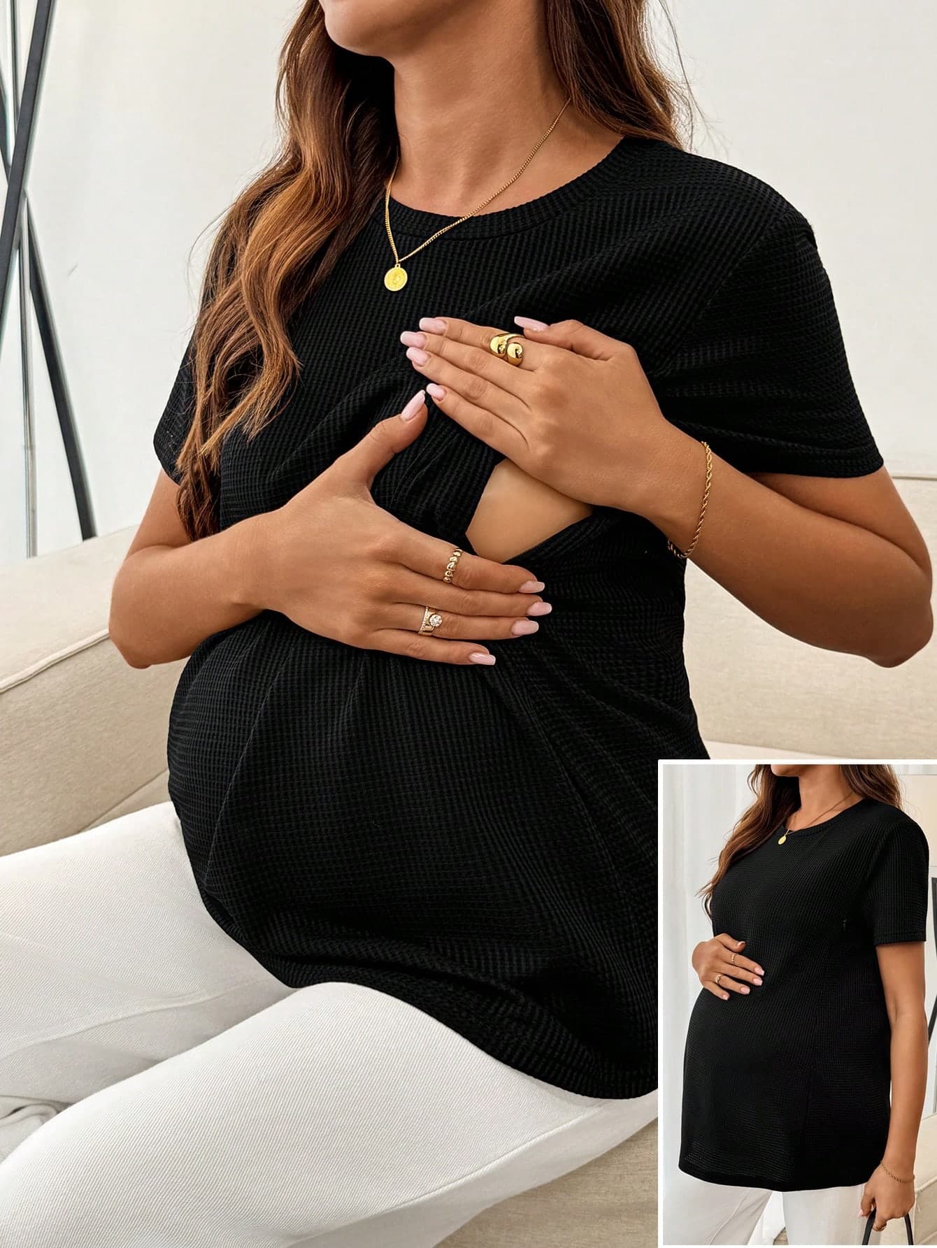 Slowluna Maternity Casual Solid Color Short Sleeve Nursing Top, Summer,Maternity Clothes, Casual, Comfortable, Soft,