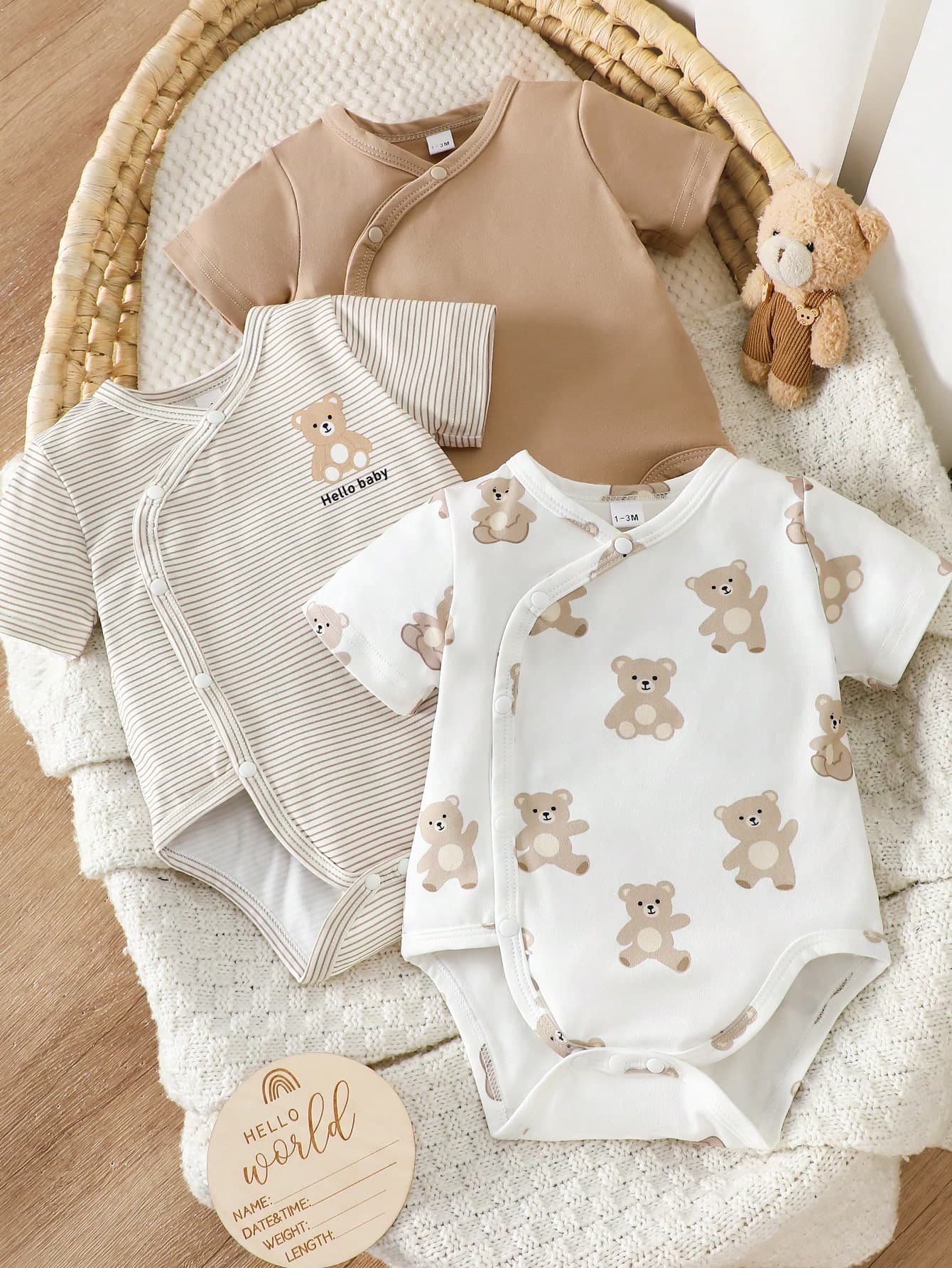 SHEIN 3pcs/Set Newborn Infant Toddler Boys Girls Cute Casual Summer Short Sleeve Romper Adorable Bear Print Brown And White Polka Dot Family Matching Outfit
