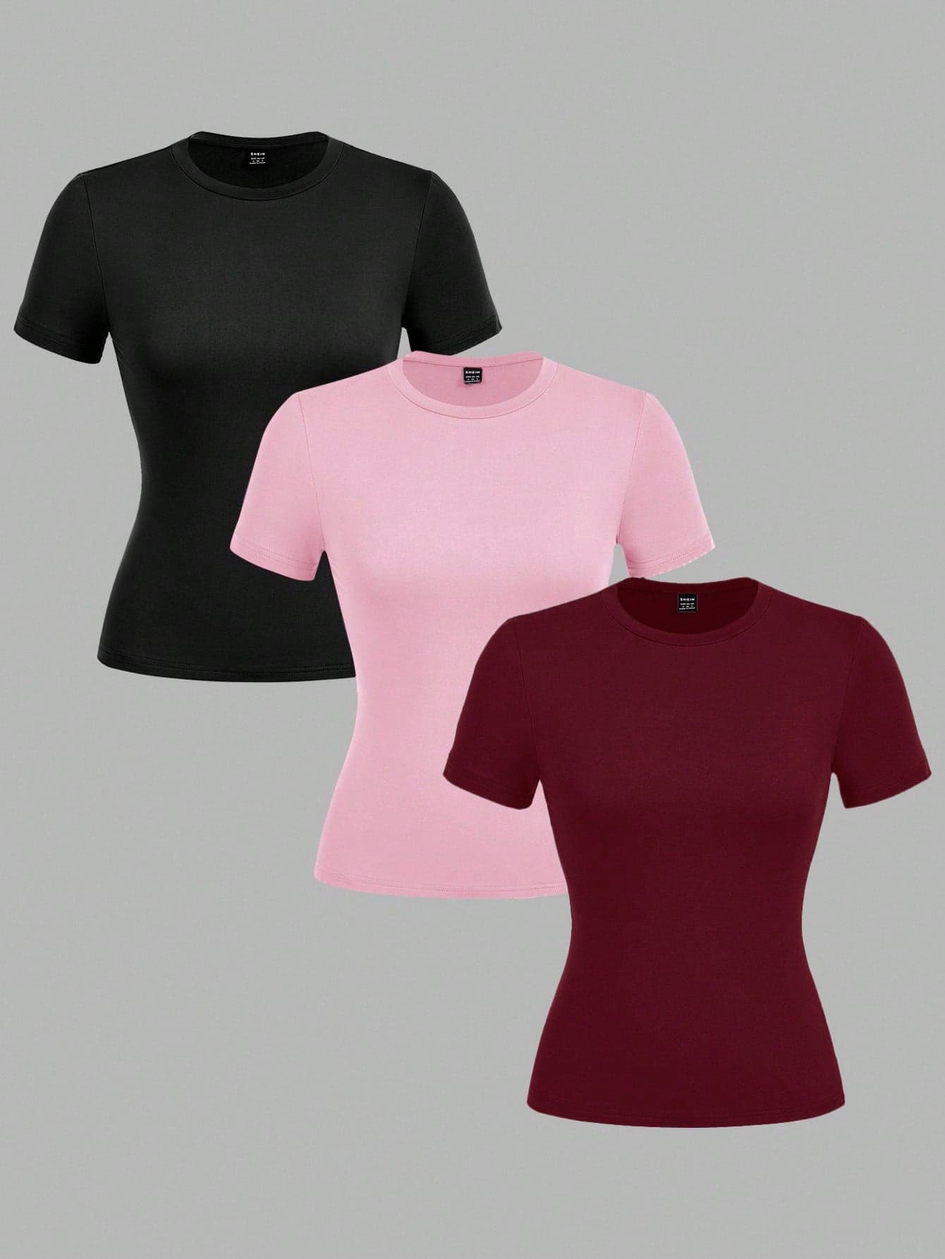 SHEIN EZwear 3pcs Women Casual Crew Neck Bodycon Long Sleeve T-Shirt Set 3 Pack Tops Slim Fit Tops Women's Short Sleeve Tops Fitted Tops Gym T Shirts Women