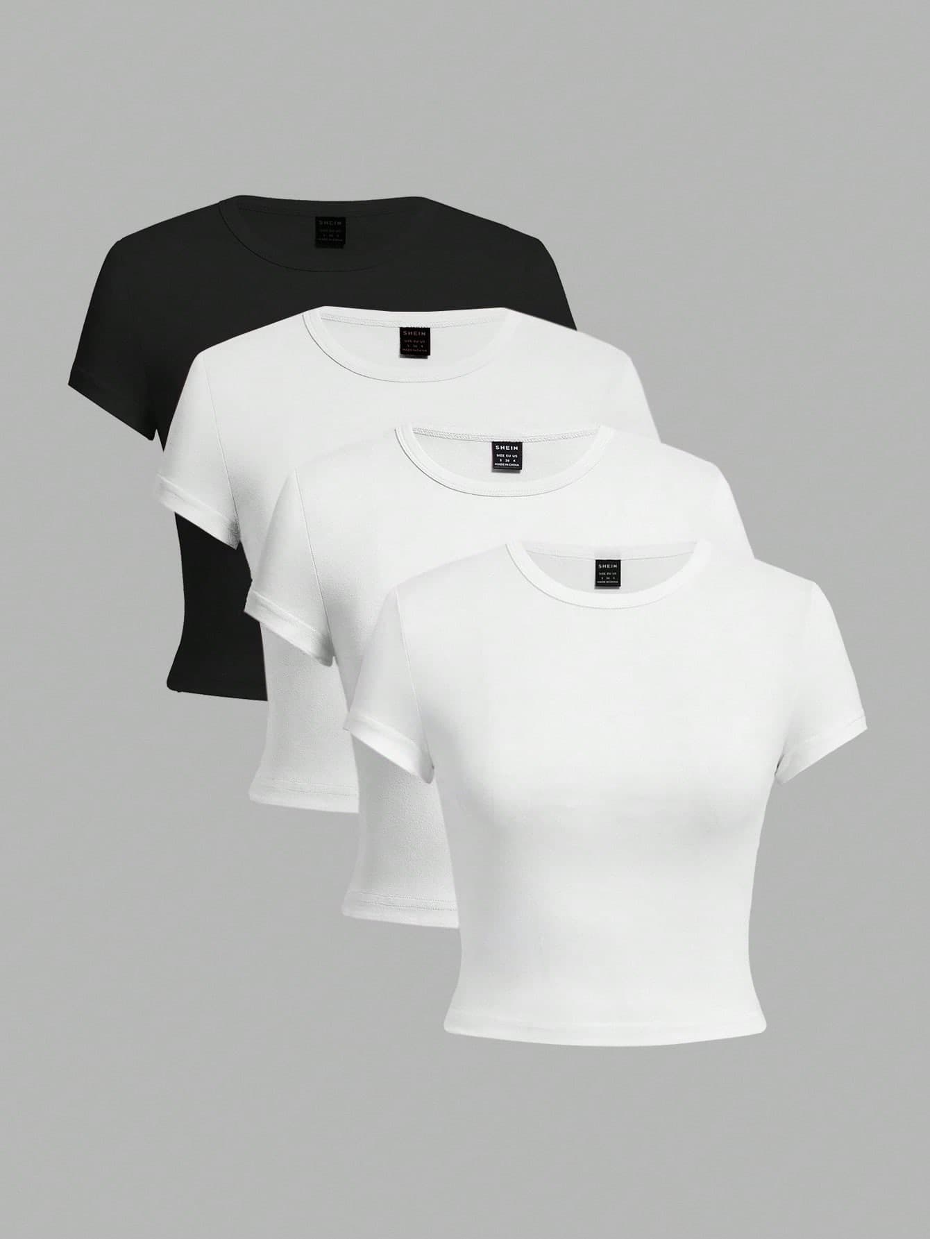 SHEIN EZwear 4pcs/Set Casual Round Neck Short Sleeve Fitted Women T-Shirts, Suitable For Summer White Tops Tees 3 Pack Crop Black And