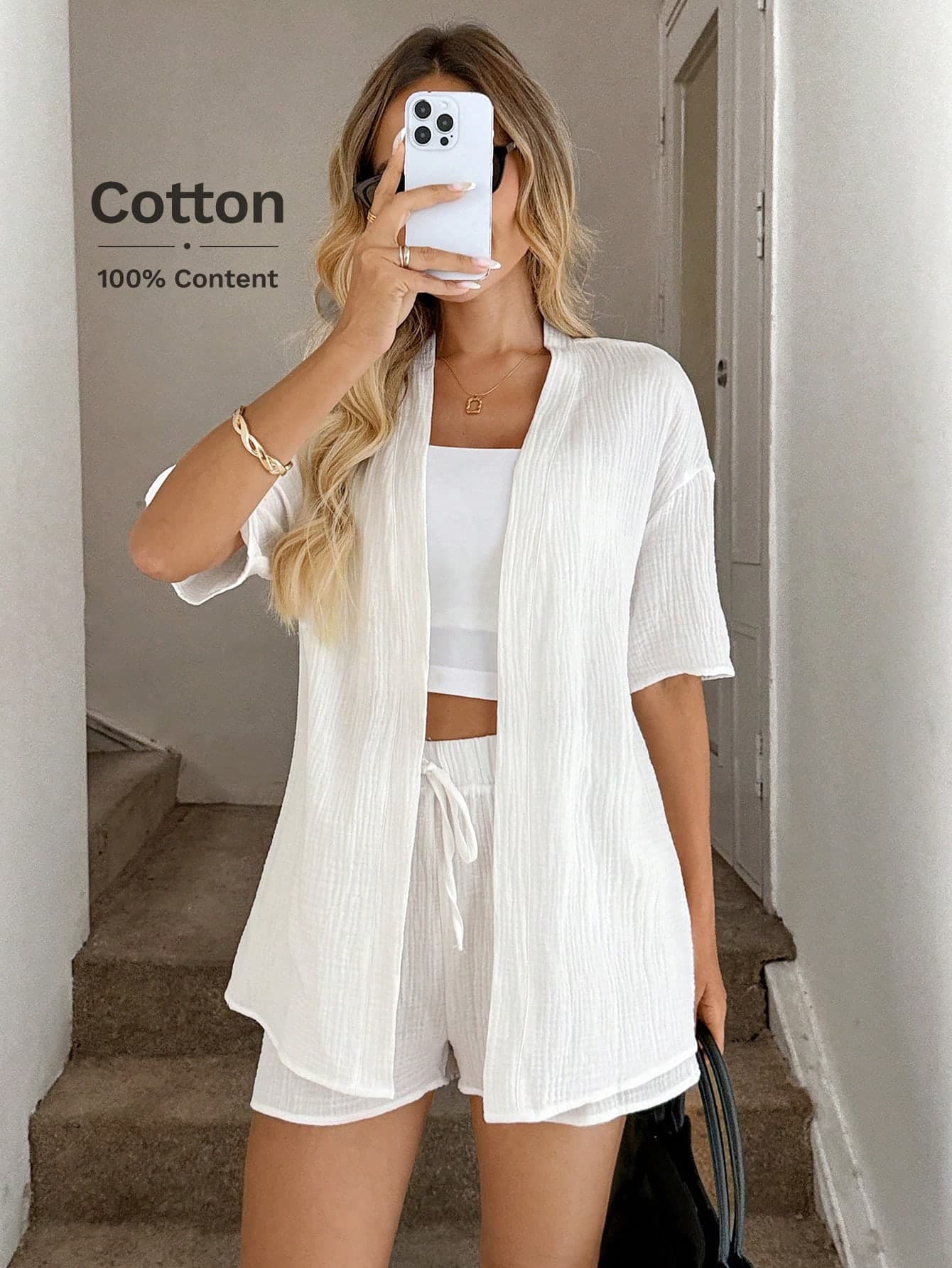 Easowa White Cotton Crinkle Kimono Cover Up + Shorts Set, Casual Vacation Outfit For Spring/Summer