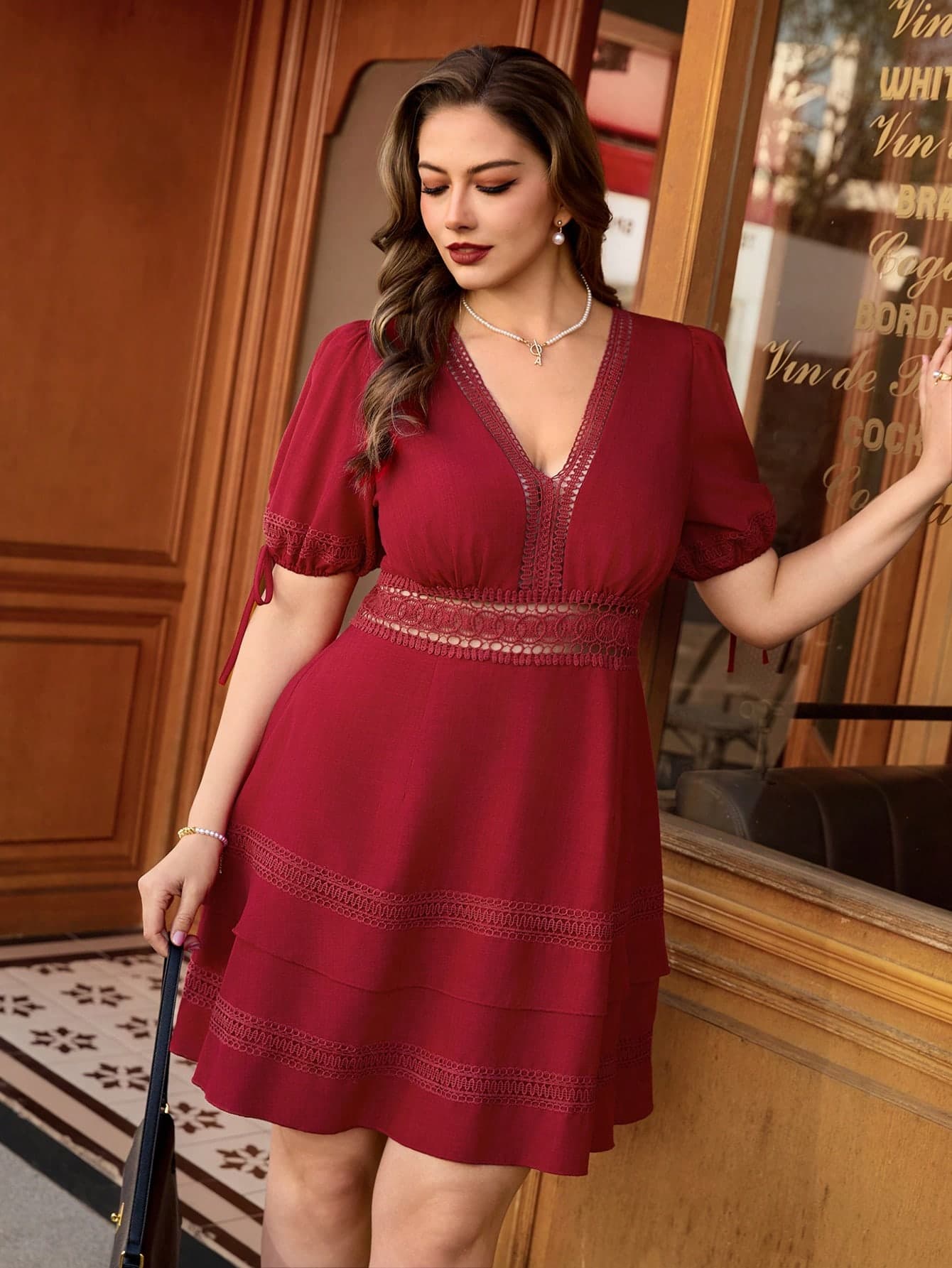 Breezaya Plus-Size Women's V-Neck Cutout Solid-Color Mini Dress With Lace Trim And Puff Sleeves - Summer Style
