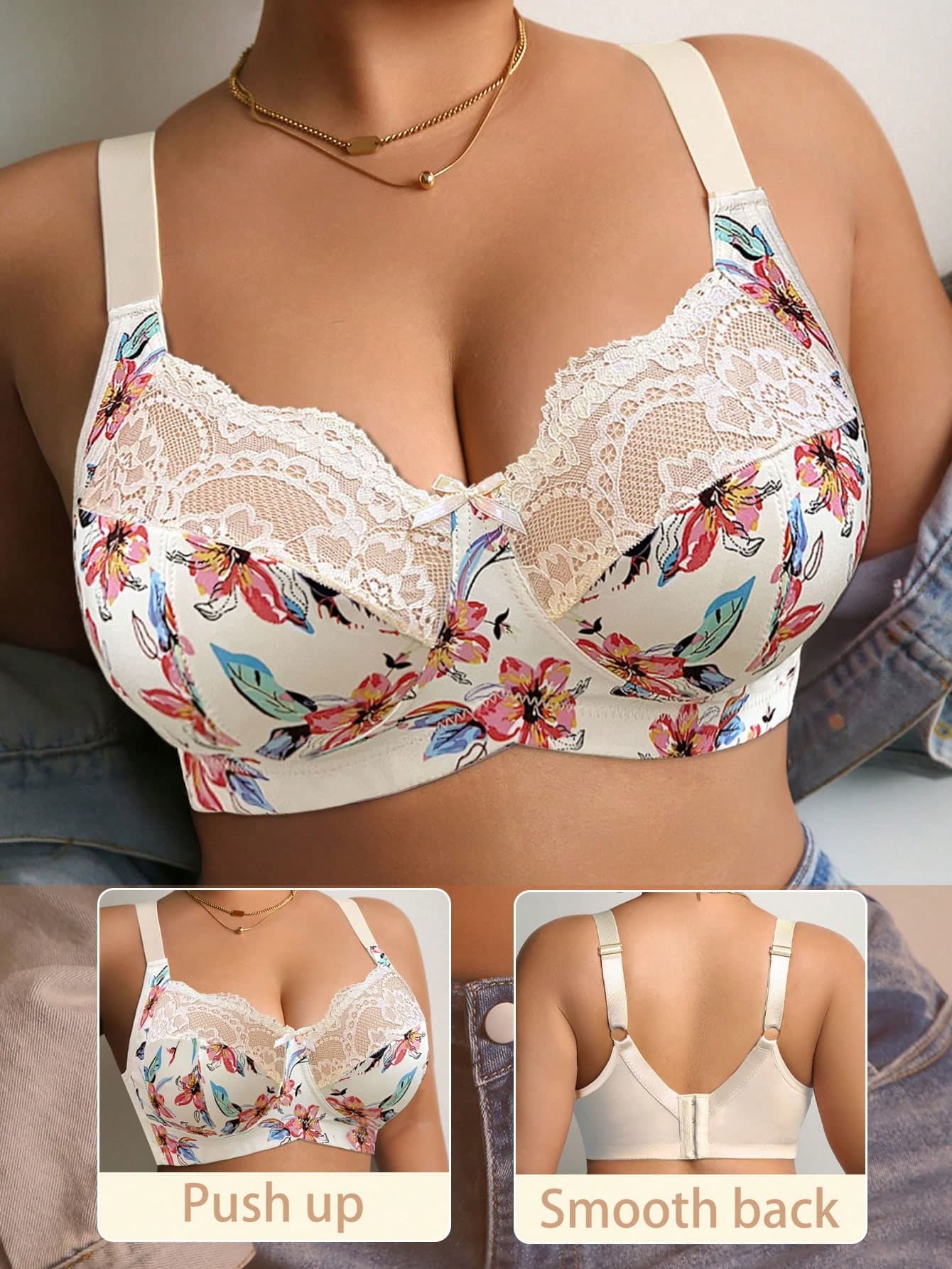 DesireSculpt 1pc Plus Size Lace Patchwork Wireless Bra