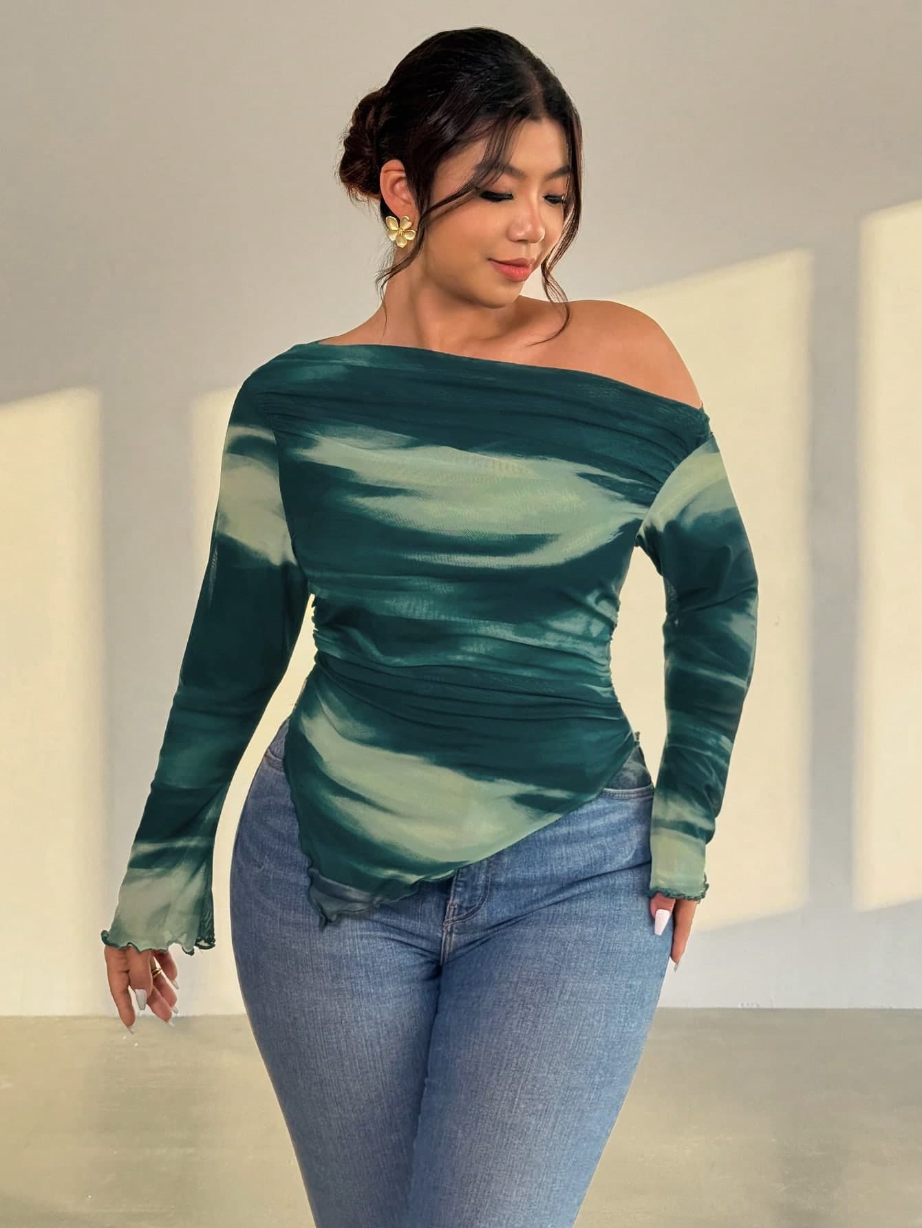 Firerie Plus Size Women's Elegant Romantic Tie Dye Print Long Sleeve Asymmetrical Hem Off The Shoulder Long Sleeve Vacation Summer Top Fall