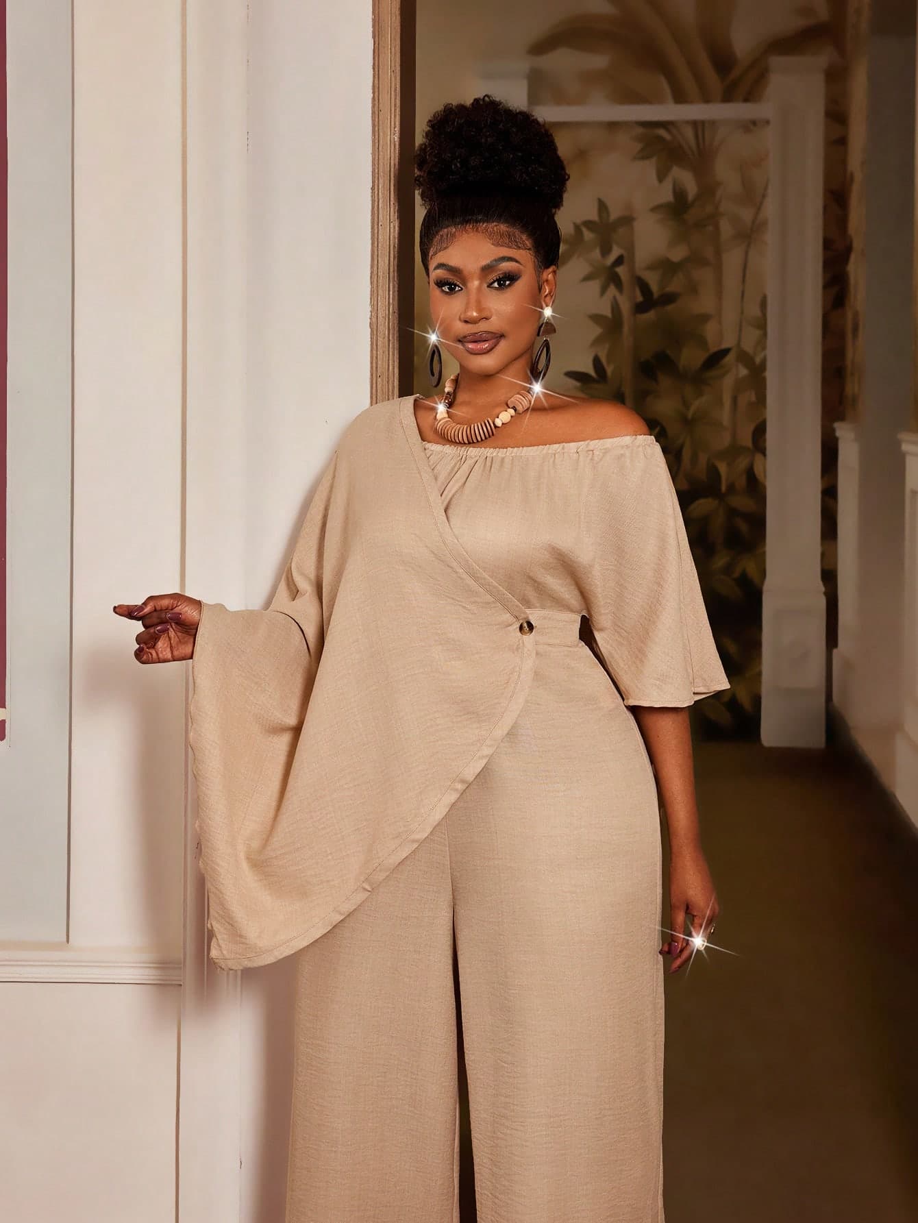 Maweii Elegant Khaki Asymmetrical Neck Plus Size Jumpsuit With Half Batwing Sleeves Capris Length Wrap Design In Woven Fabric For Women
