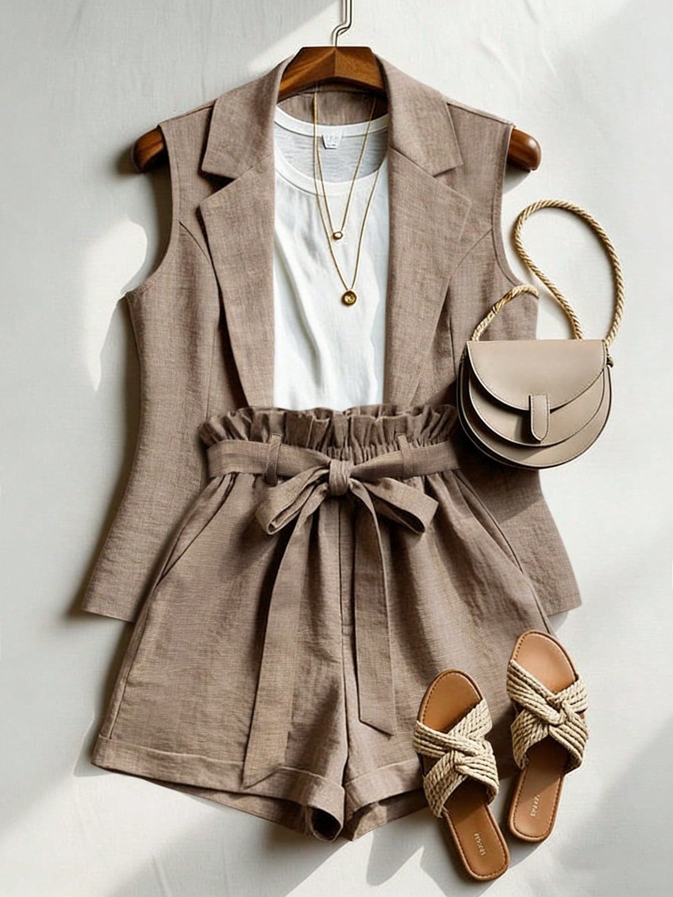 Franclia Women's Elegant Summer 2-Piece Set,Khaki Linen Ruffled Tie Waist Shorts,Fashionable Casual Commuter Wear,Business Office Brunch Outfits,Vacation Wear