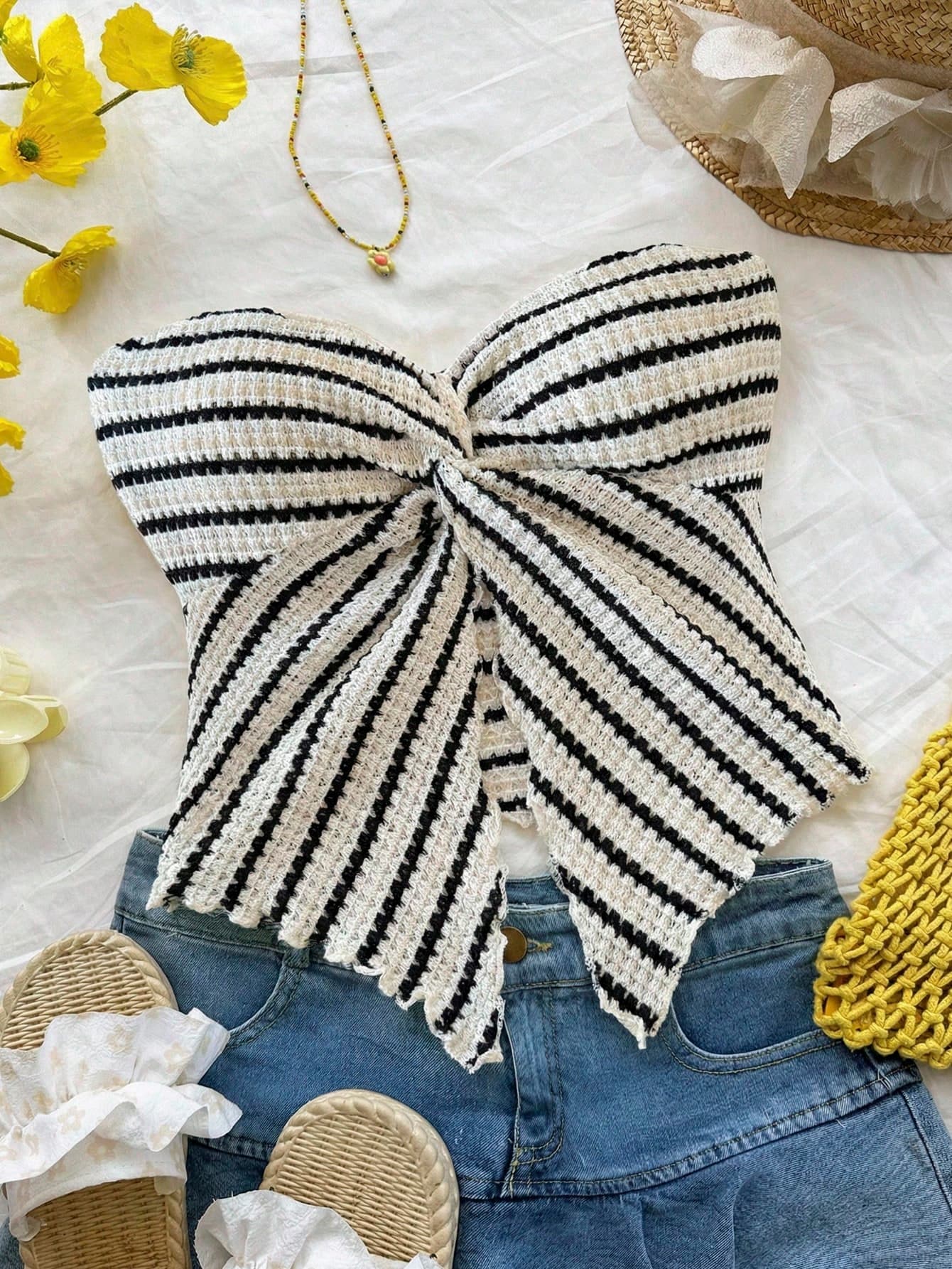 SHEIN Tween Girl Striped Twist Ruched Asymmetric Hem Fashionable Versatile Party Wear Top Strapless Top Crop Tube Top Striped Tube Top,Kids