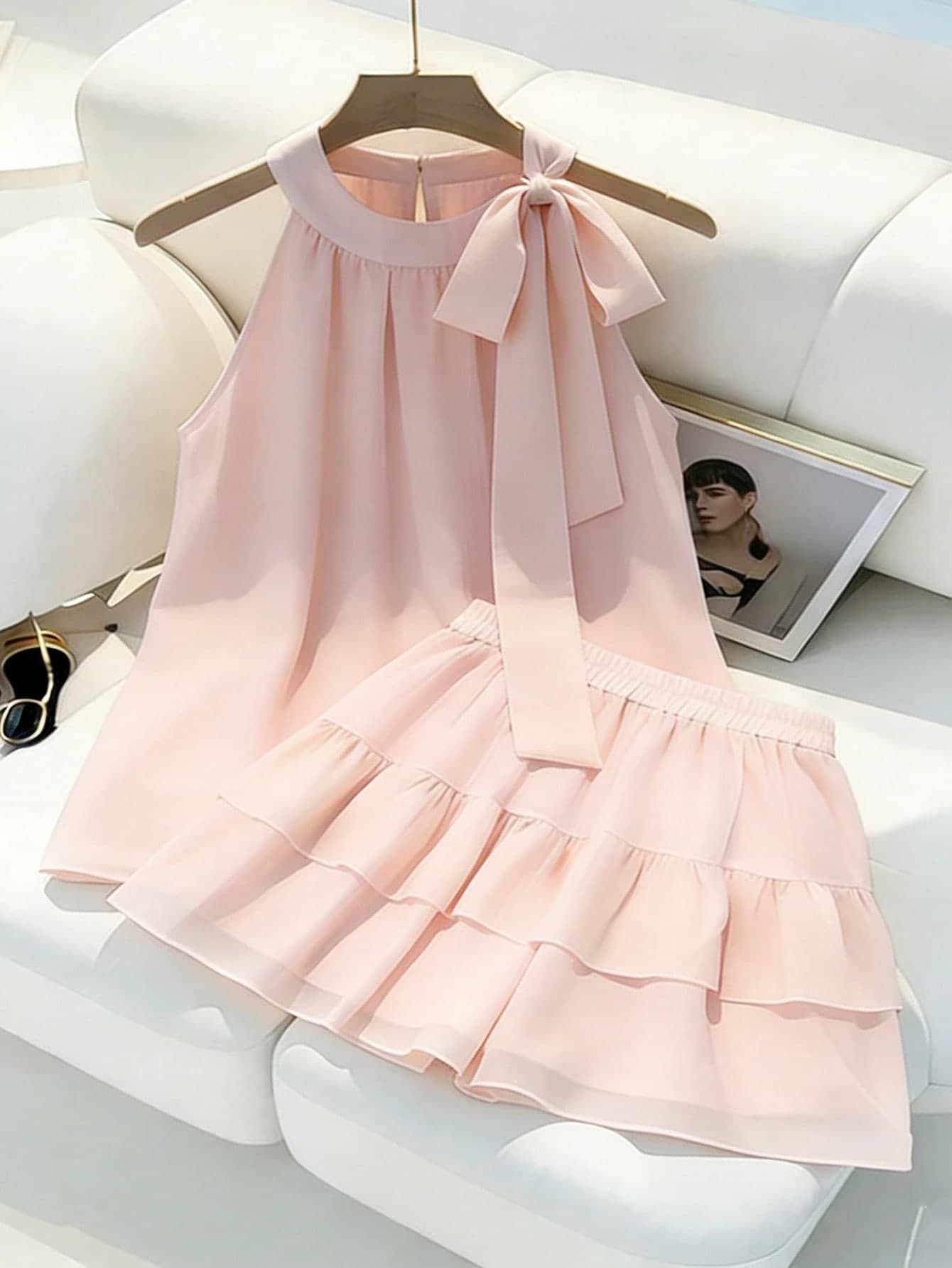 Franclia Women's Sleeveless Tie-Front Blouse & Ruffled Layered Hem Skirt Set,Light Pink Summer Elegant Dates Casual Resort Outfit,Baby Pink Chiffon Dress
