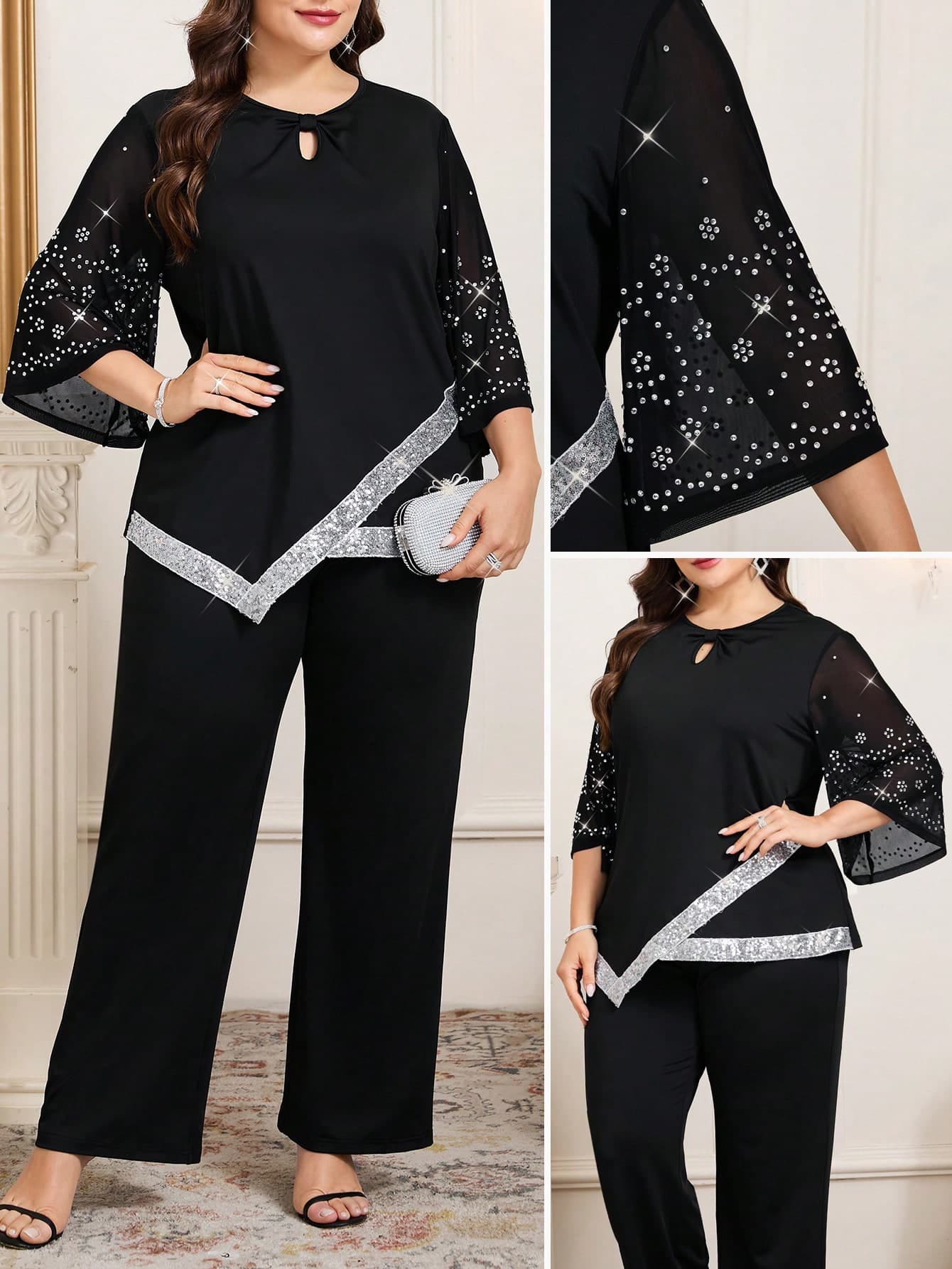 SHEIN Clasi Plus Size Women's Black Winter Elegant Formal Evening Wedding 2 Pieces Set,Rhinestone Flare Sleeve Sequin Asymmetrical Hem Top & Wide Leg Pants Suit