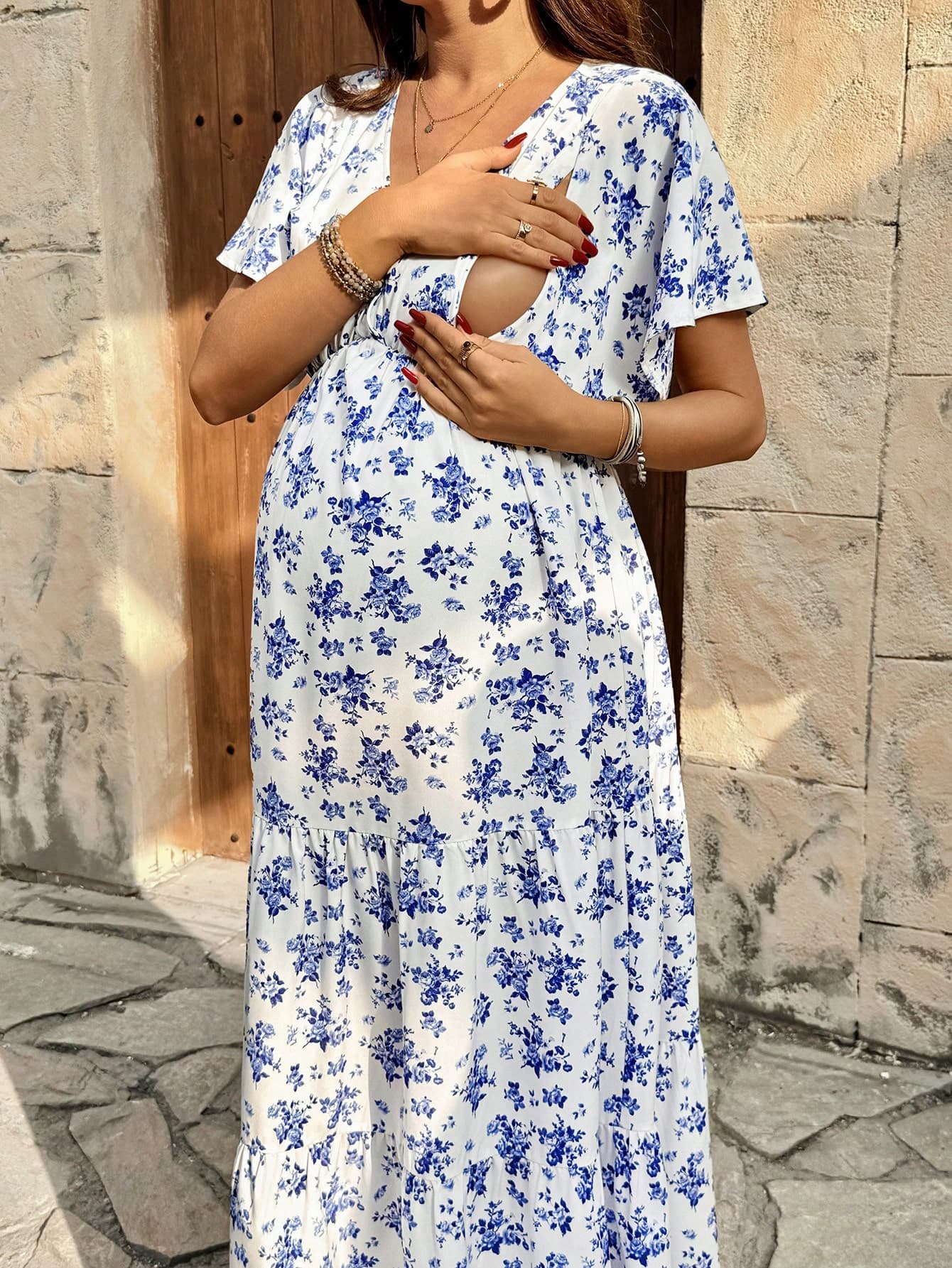 SHEIN Ditsy Floral V-Neck Short Sleeve Casual Maxi Nursing Dress, Summer Blue White Women Vacation Dresses Maternity And Midi