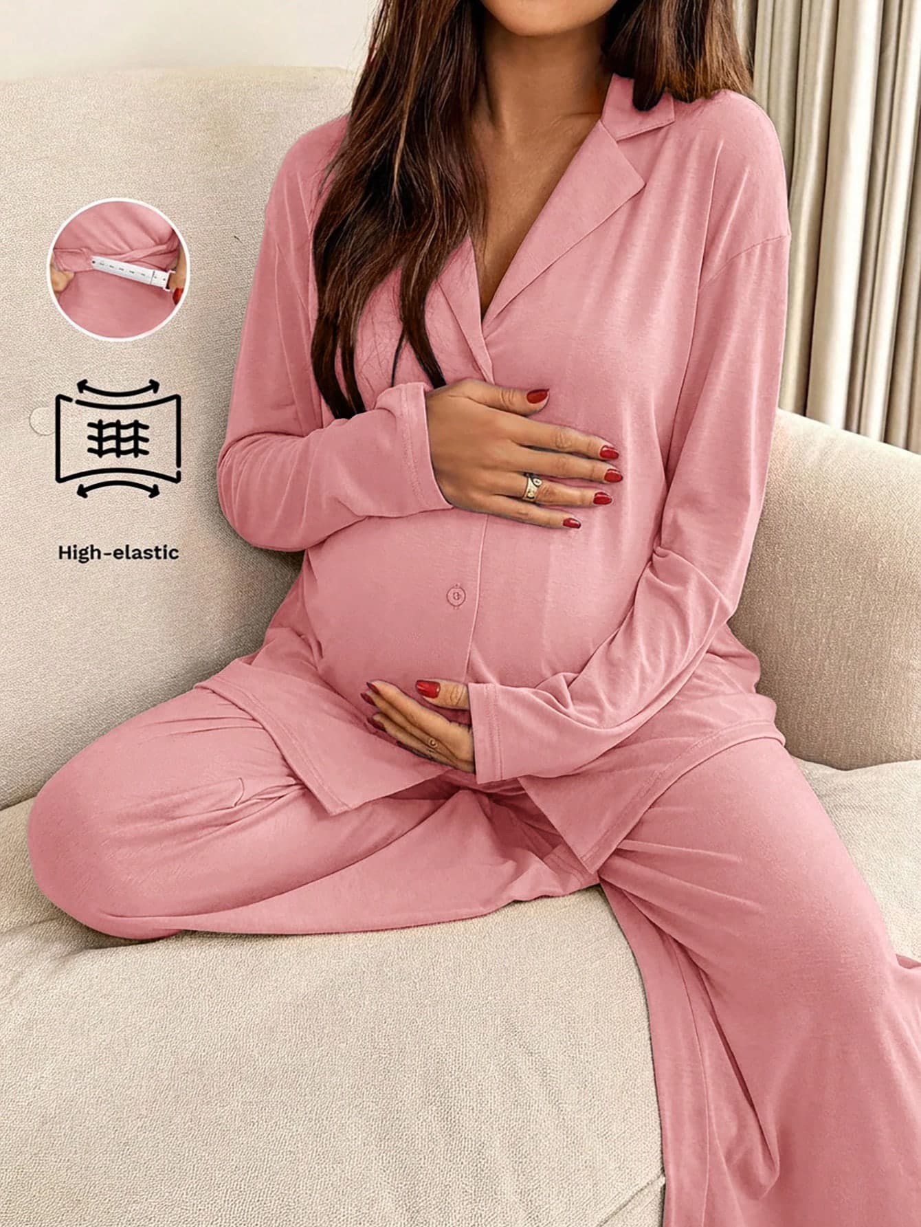 Slowluna 2pcs Maternity Solid Color Drop Shoulder Long Sleeve Casual Comfortable Breathable Set Fall